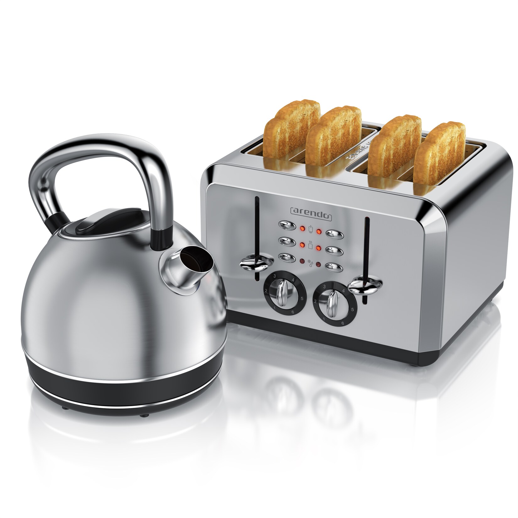 Arendo Frühstücks-Set Edelstahl Wasserkocher 1,7l, 4-Scheiben Kurzschlitz Toaster, silber (2-tlg), Frühstücksset, Wasserkocher Retro, …
