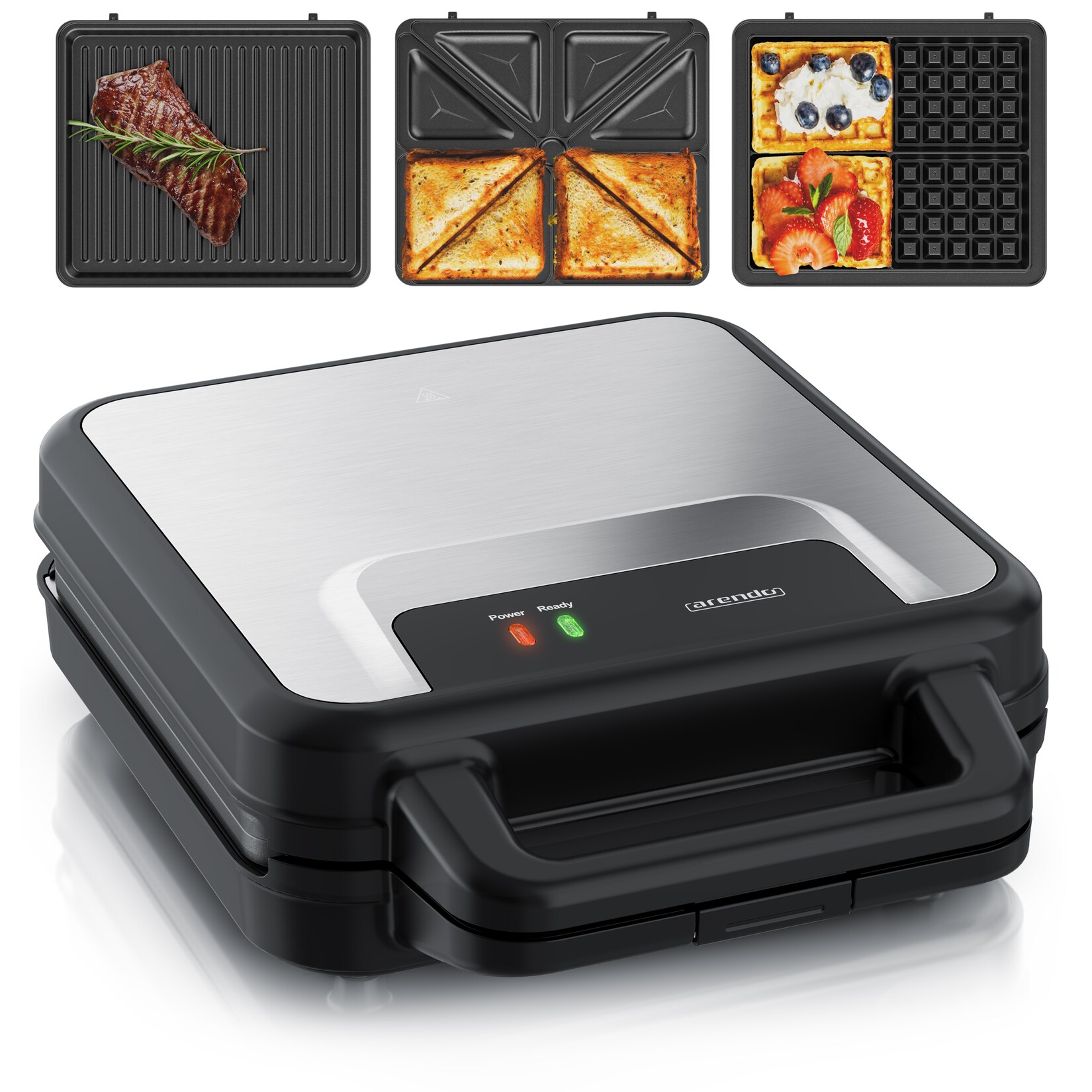 Arendo 3-in-1-Sandwichmaker, Waffeleisen und Kontaktgrill, 1400 W, 3 wechselbare Platten-Sets mit Antihaftbeschichtung