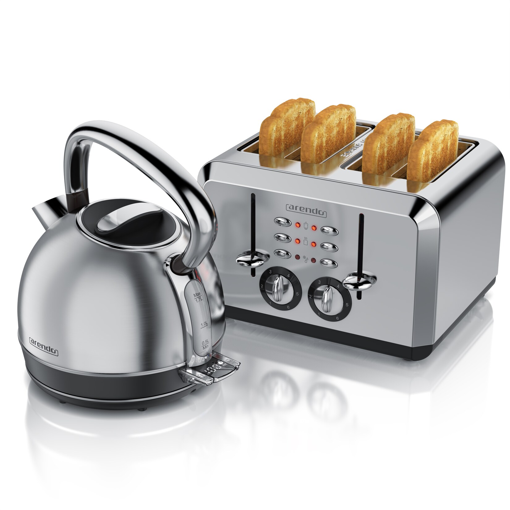 Arendo Frühstücks-Set Edelstahl Wasserkocher 1,7l, 4-Scheiben Kurzschlitz Toaster, silber (2-tlg), Retro Wasserkocher mit …