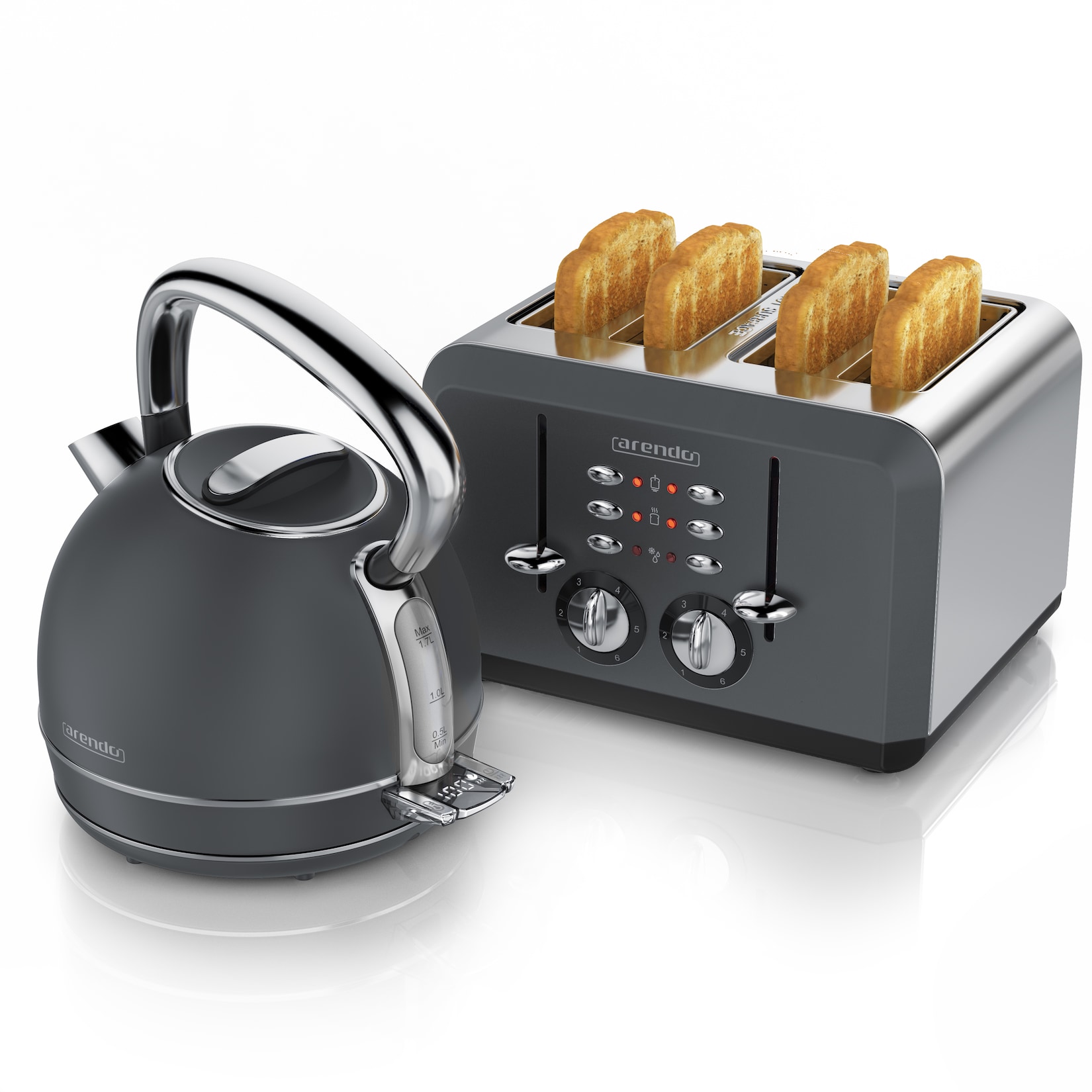 Arendo Frühstücks-Set Edelstahl Wasserkocher 1,7l, 4-Scheiben Kurzschlitz Toaster, Cool Grey (2-tlg), Retro Wasserkocher mit …