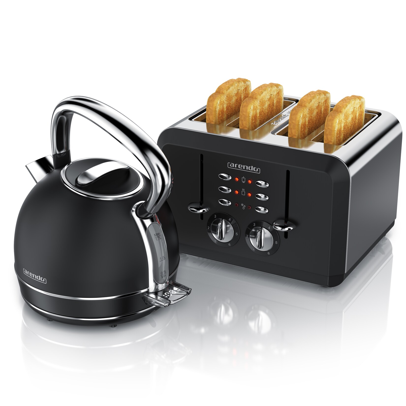 Arendo Frühstücks-Set Edelstahl Wasserkocher 1,7l, 4-Scheiben Kurzschlitz Toaster, schwarz (2-tlg), Retro Wasserkocher mit …