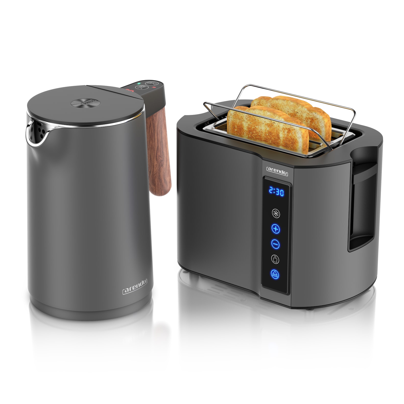 Arendo Frühstücks-Set Edelstahl Wasserkocher 1,5l, 2-Scheiben Kurzschlitz Toaster, Cool Grey (2-tlg), Wasserkocher mit Temperatureinstellung