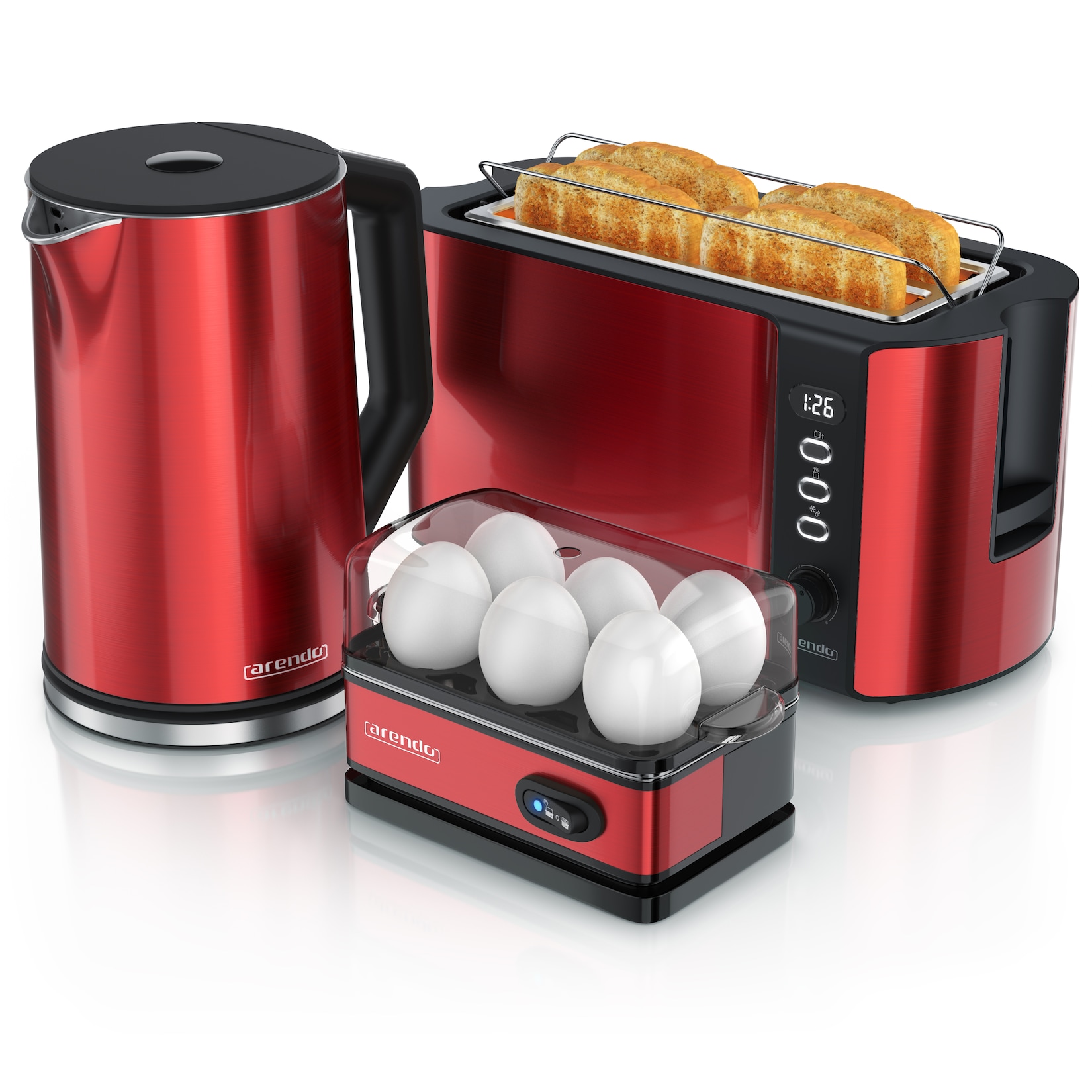Arendo Frühstücks-Set mit Wasserkocher 1,5 l, 4-Scheiben-Langschlitztoaster und Eierkocher für 6 Eier, Temperaturwahl, 3-teilig, rot
