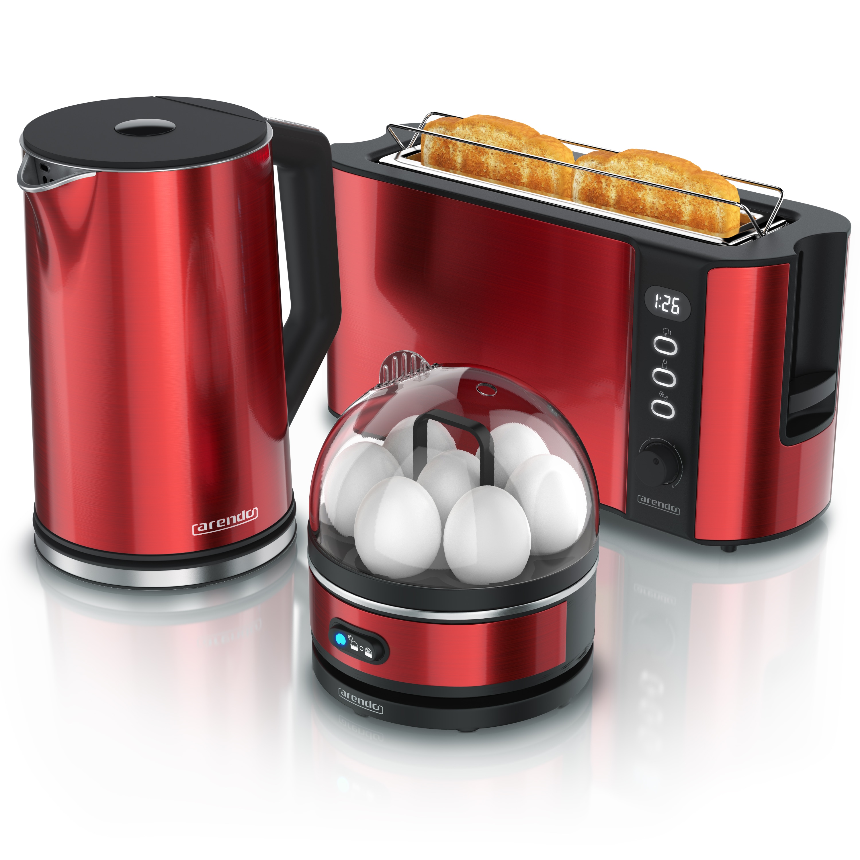 Arendo Fr&uuml;hst&uuml;cks-Set mit Wasserkocher 1,5 l, Langschlitztoaster und Eierkocher f&uuml;r 7 Eier, Temperaturwahl, 3-teilig, rot 