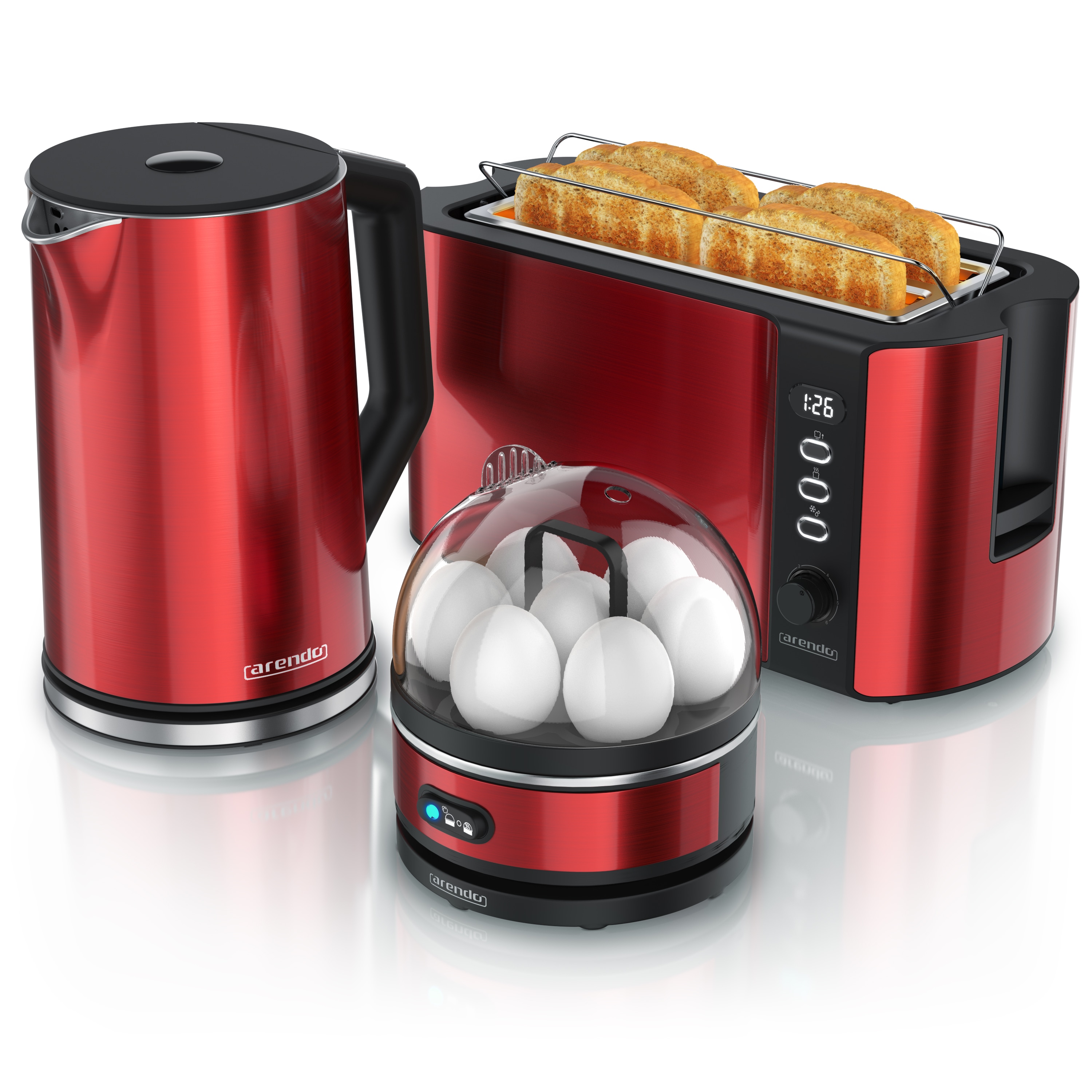Arendo Fr&uuml;hst&uuml;cks-Set Edelstahl Wasserkocher 1,5l, Eierkocher 7 Eier, 4-Scheiben Toaster rot (3-tlg), Langschlitz Br&ouml;tchenaufsatz 