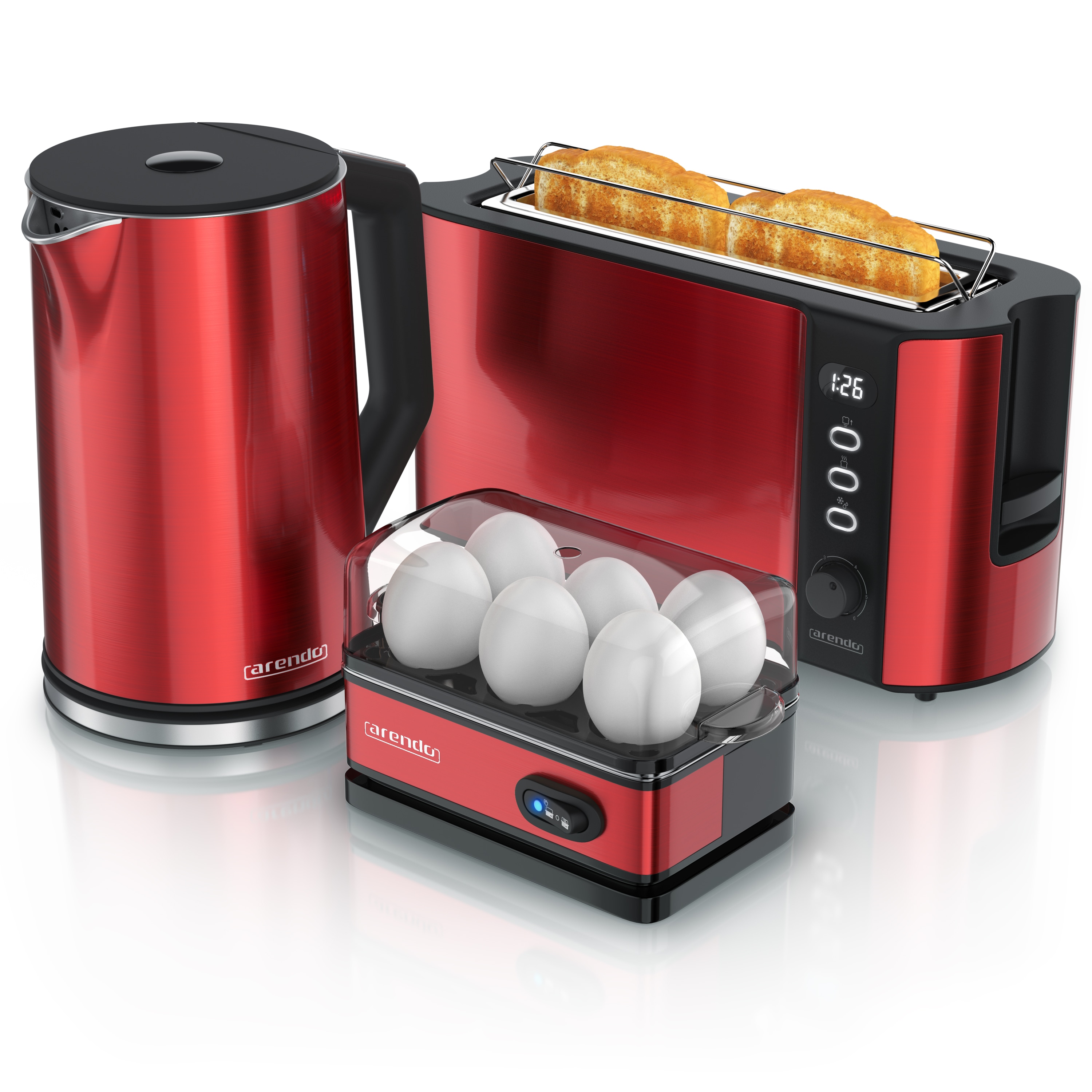 Arendo Fr&uuml;hst&uuml;cks-Set mit Wasserkocher 1,5 l, Langschlitztoaster und Eierkocher f&uuml;r 6 Eier, Temperaturwahl, 3-teilig, rot 