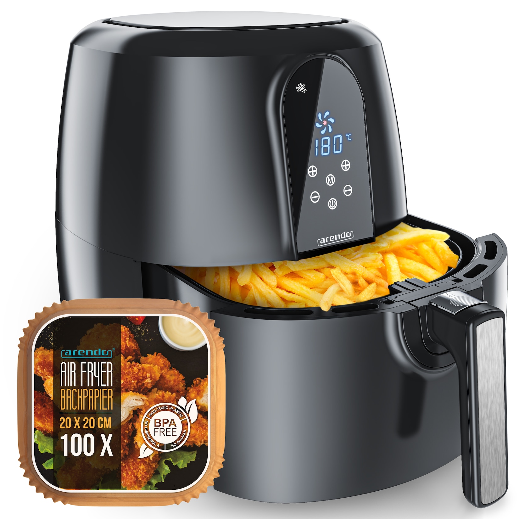 Arendo Heißluftfritteuse XXL Airfryer 5,2 Liter, bis 200 Grad, 3D Umluftsystem, Display, 1800 W, Fritteuse, Heissluftfritteuse, Frittieren …