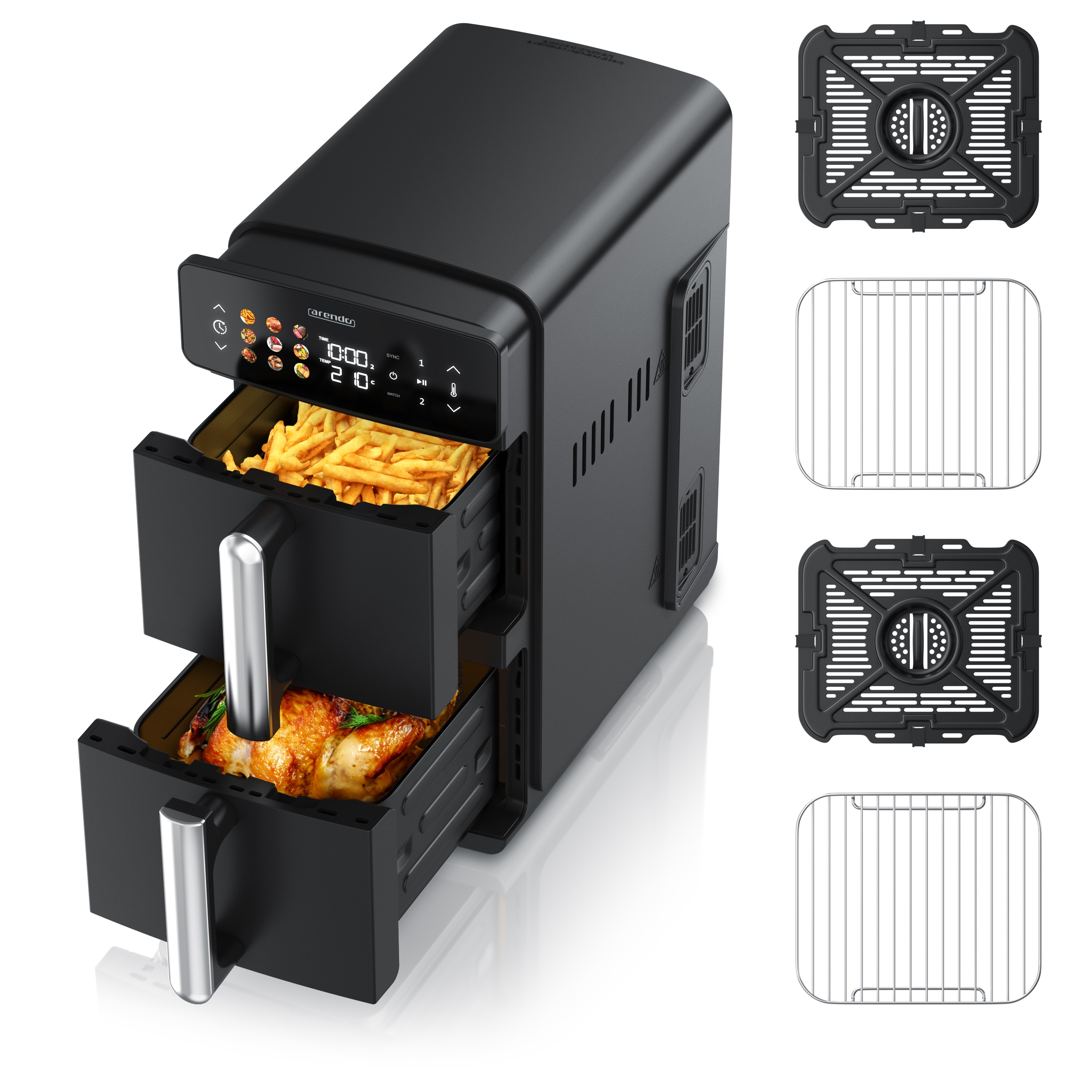 Arendo Hei&szlig;luftfritteuse mit 2 Kammern &Uuml;bereinander, XXL Doppelkammer Airfryer 11L, Dual Zone, 2400 W, mit Zubeh&ouml;r, Umluft Backofen, Edelstahl 