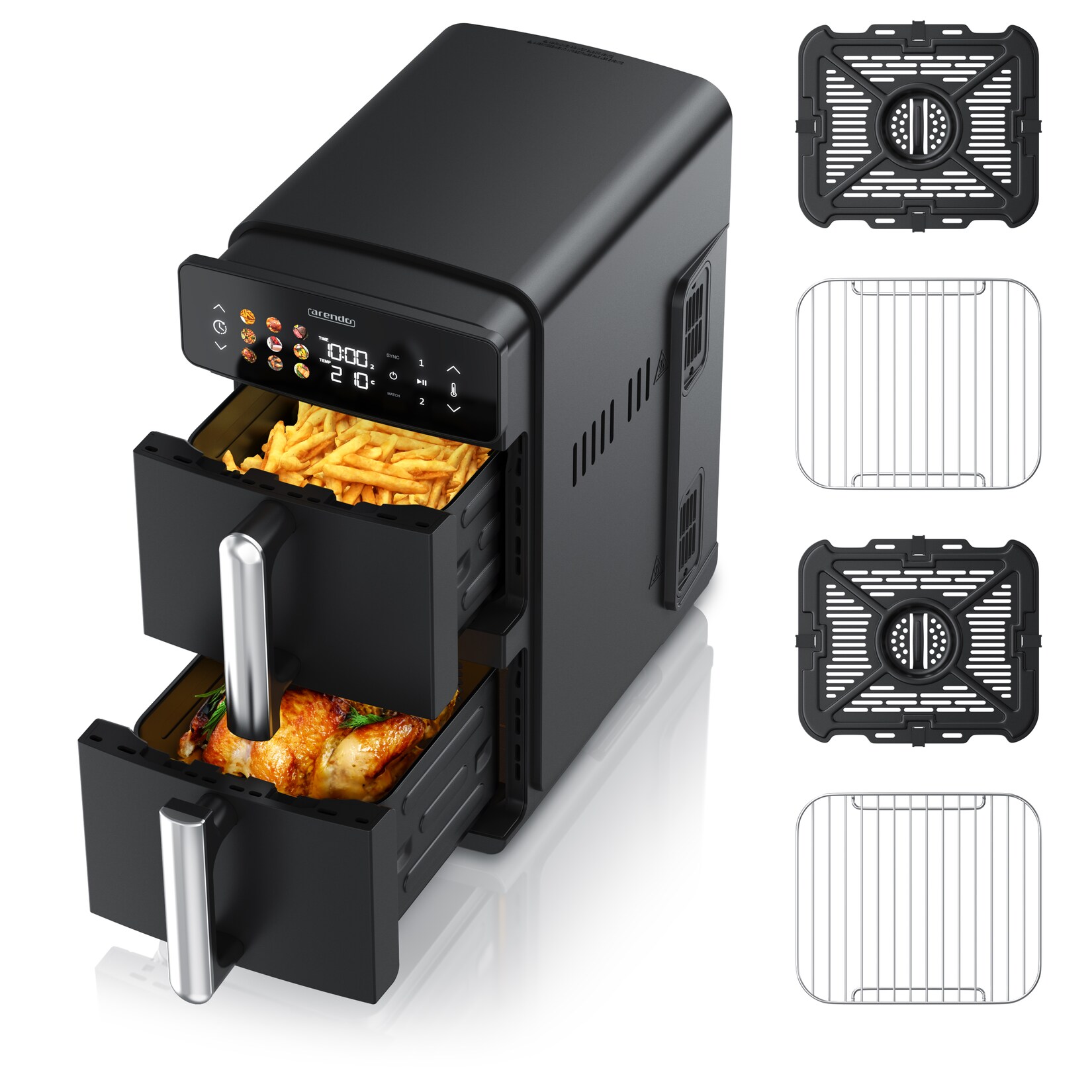 Arendo Heißluftfritteuse mit 2 Kammern Übereinander, XXL Doppelkammer Airfryer 11L, Dual Zone, 2400 W, mit Zubehör, Umluft Backofen, …