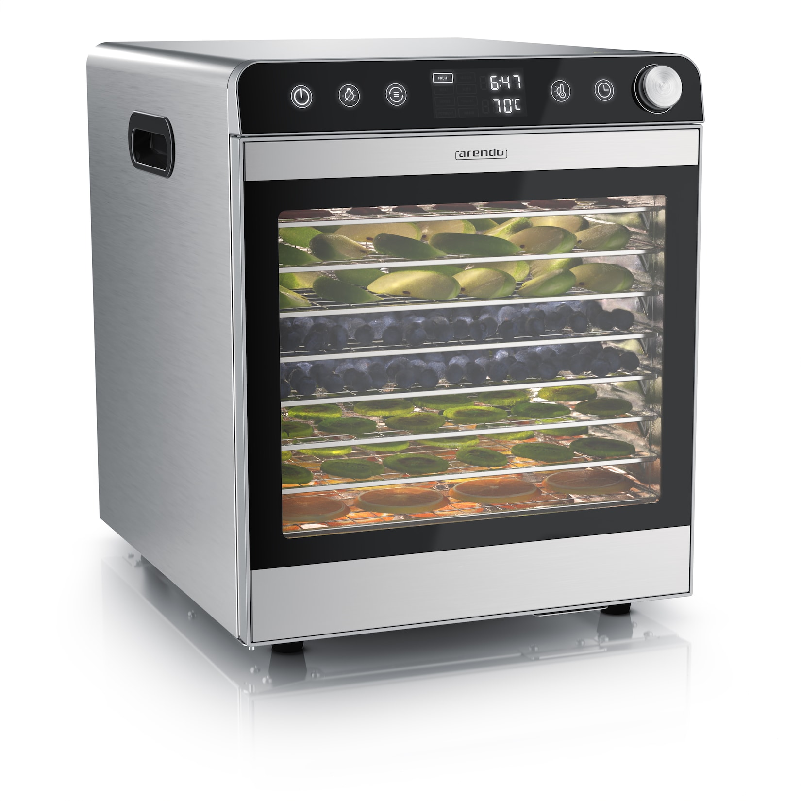 Arendo Dörrautomat aus Edelstahl, 800 W, 10 Etagen, Temperaturwahl 30 bis 85 °C, Timer und Umluft für Obst, Gemüse und Fleisch