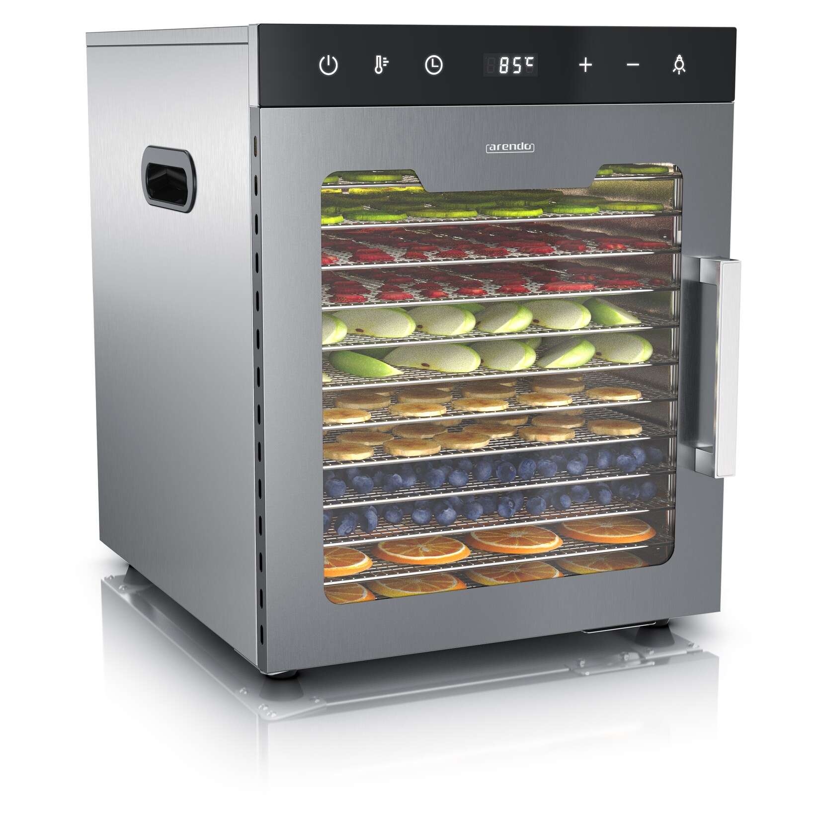 Arendo Dörrautomat aus Edelstahl, 800 W, 12 Etagen, Temperaturwahl 30 bis 90 °C, Timer und Umluft für Obst, Gemüse und Fleisch