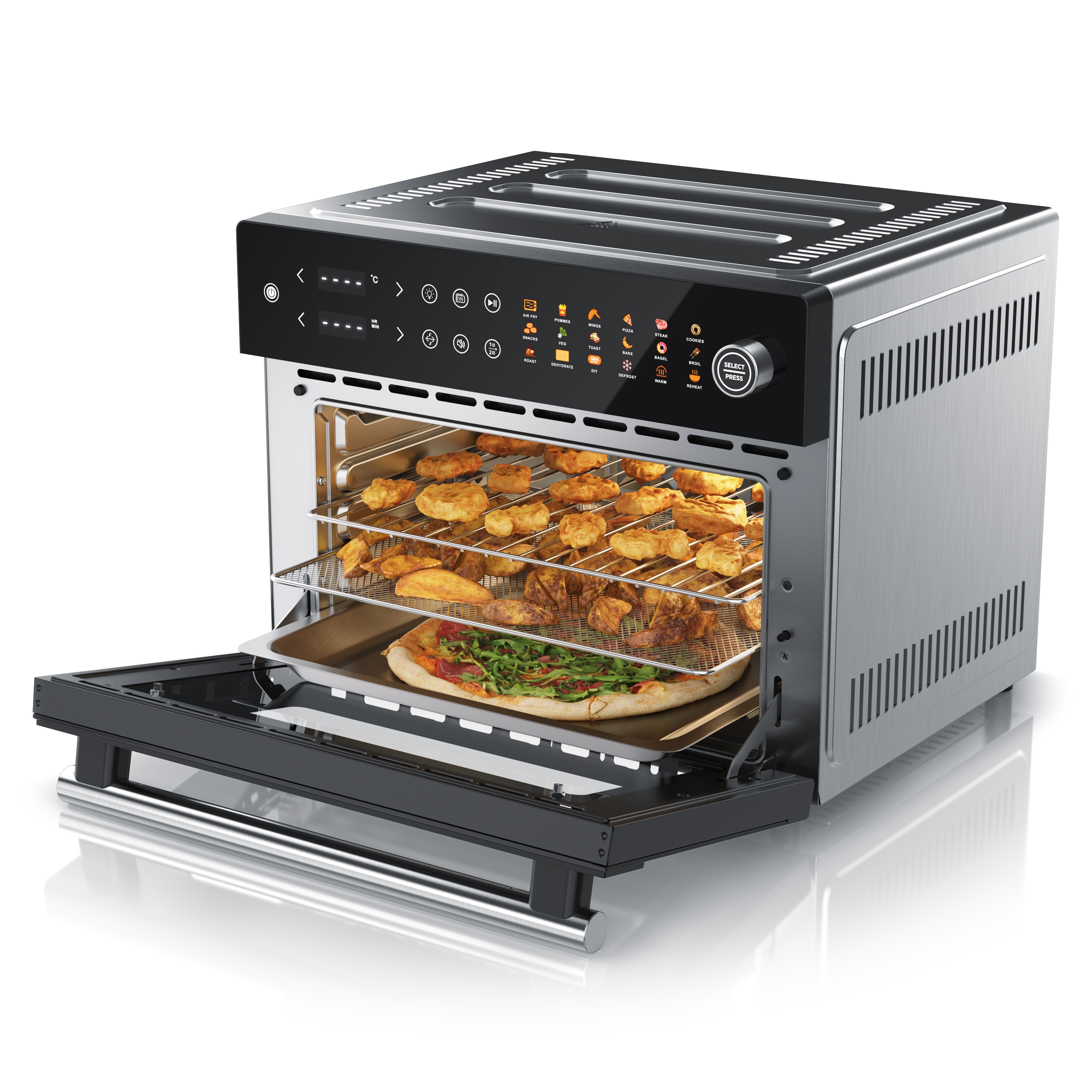 Arendo Minibackofen Airfryer 30L Edelstahl Multifunktionsofen, XXL Hei&szlig;luftfritteuse 1800W, mini Backofen D&ouml;rrger&auml;t + Zubeh&ouml;r, Drehspie&szlig;, rotierender Frittierkorb 