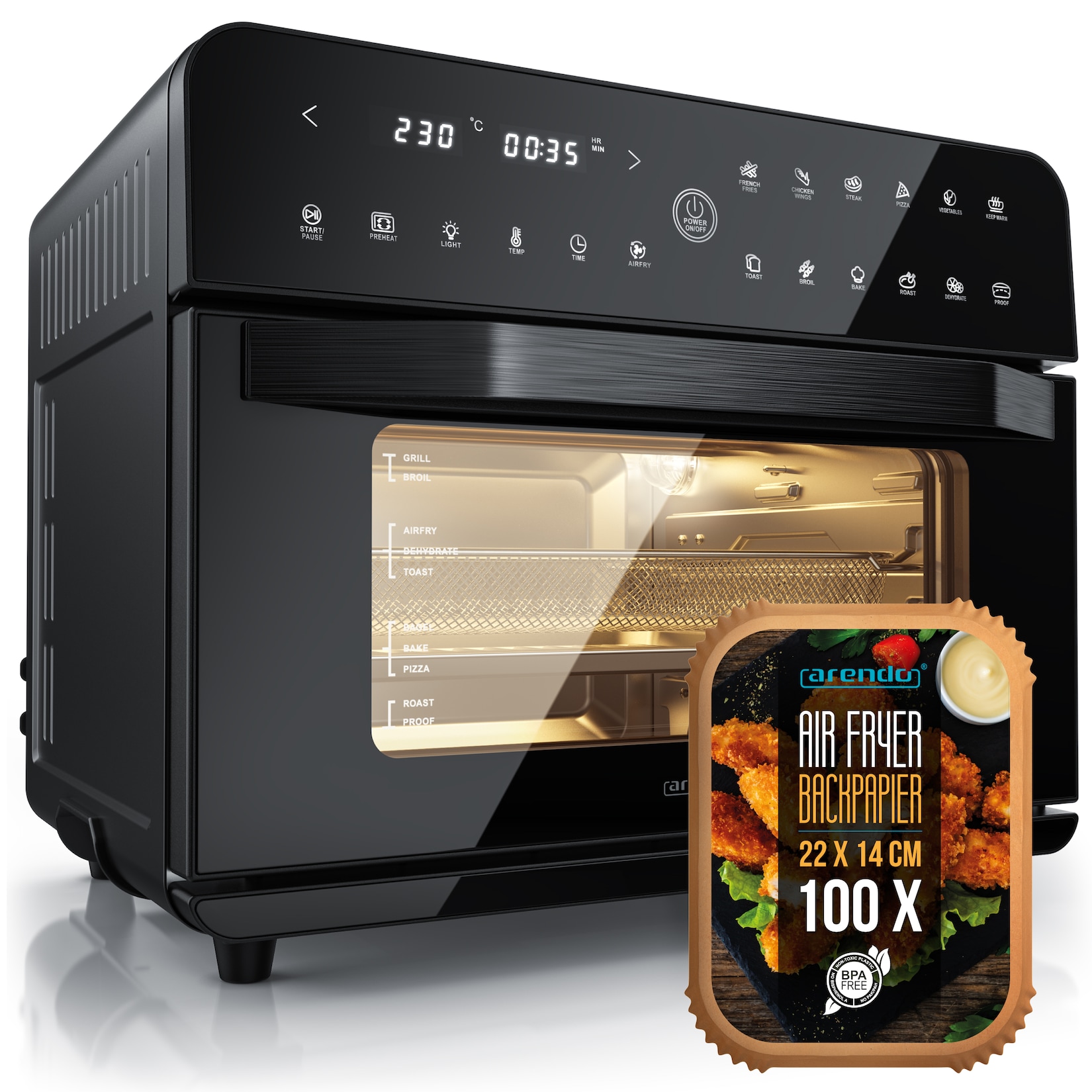 Arendo Minibackofen Airfryer 25L Edelstahl Multifunktionsofen, XXL Heißluftfritteuse 1800W, mini Backofen mit Backpapier, Backblech, …