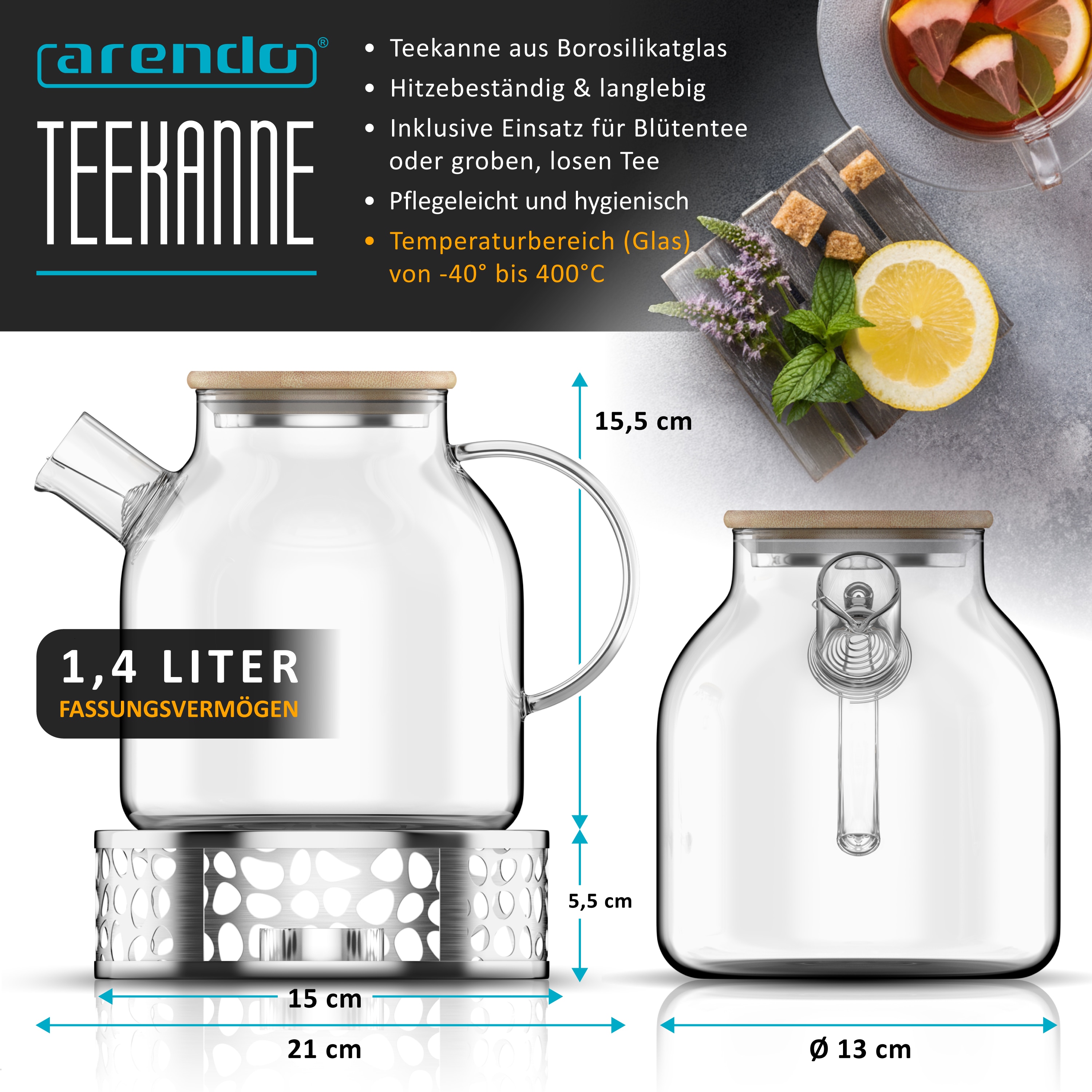 Arendo Teekanne aus Borosilikatglas, 1,4 l, Bambusdeckel, herausnehmbarer Teeeinsatz und Edelstahl-St&ouml;vchen mit Teelichthalter 