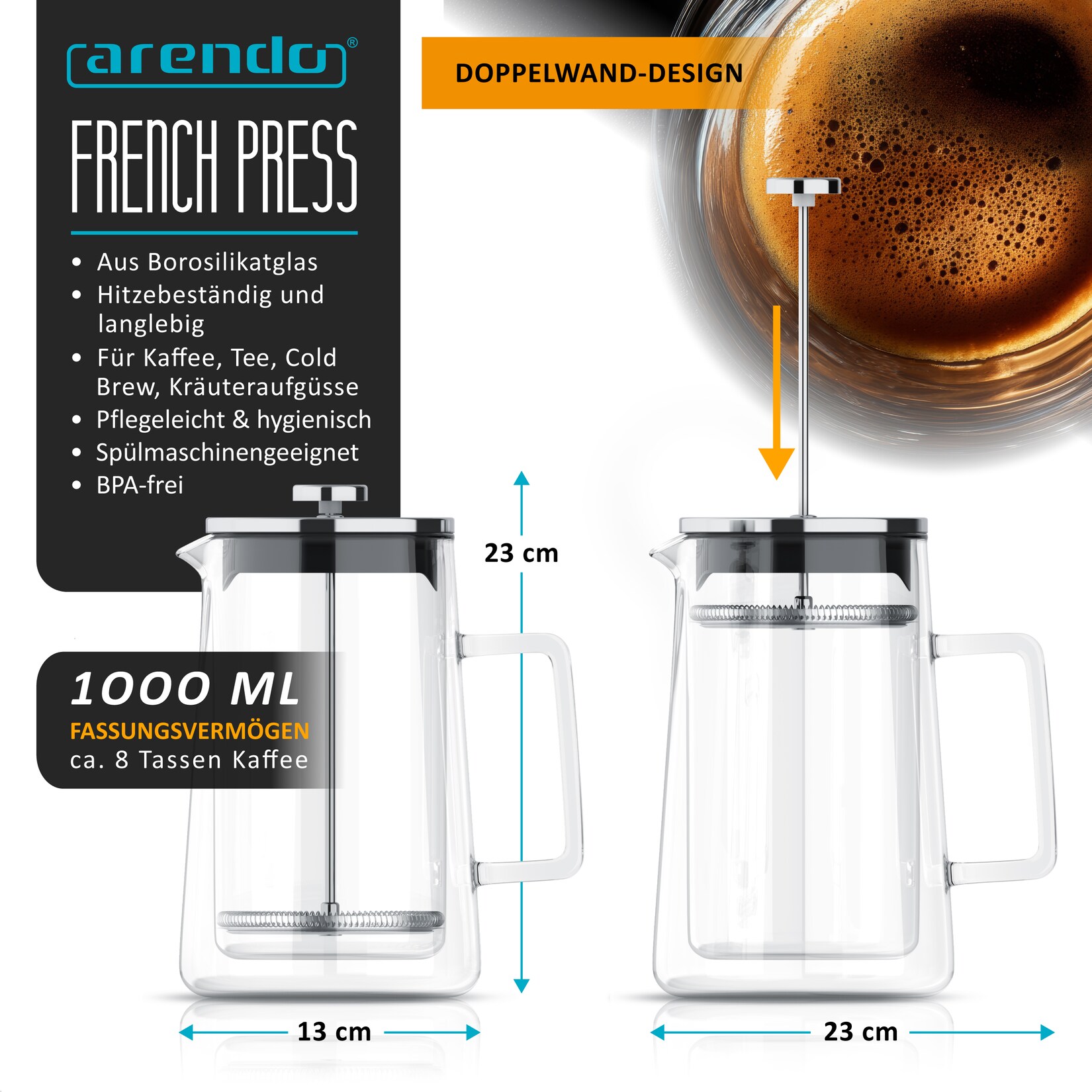 Arendo French Press Kaffeebereiter, 1 l, doppelwandiges Borosilikatglas, Edelstahlfilter und tropffreier Ausguss, auch für Tee