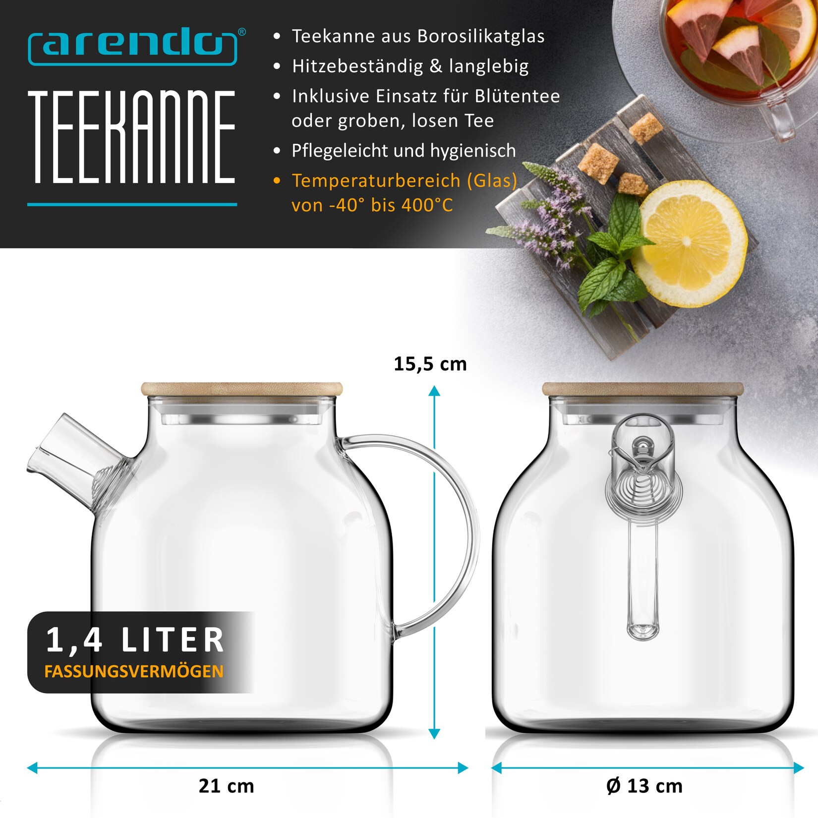 Arendo Teekanne aus Borosilikatglas, 1,4 l, Bambusdeckel mit Edelstahlunterseite, herausnehmbarer Teeeinsatz und tropffreier Ausguss