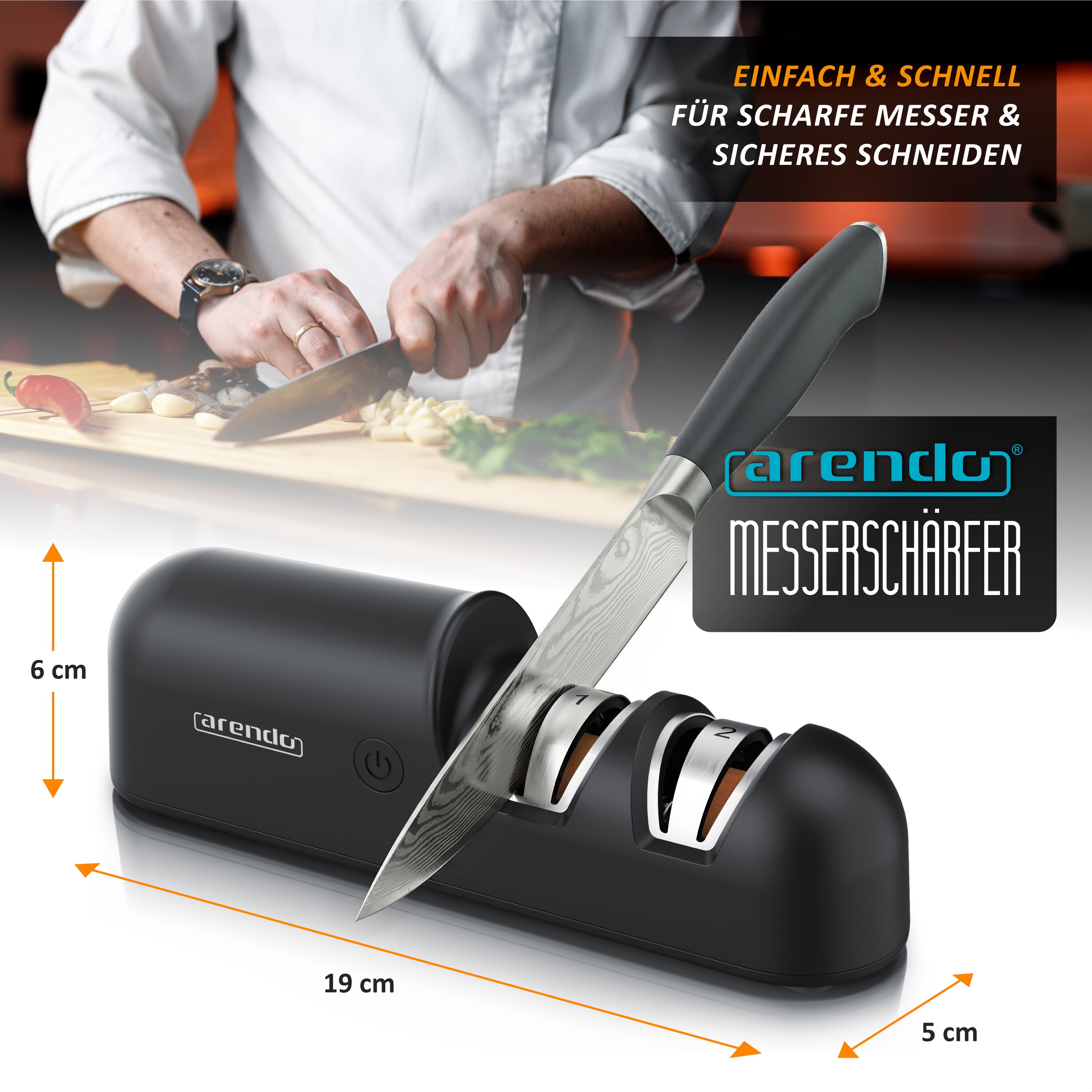Arendo Messersch&auml;rfer Elektrisch Profi Messerschleifer f&uuml;r verschiedene Messer, Kompakt, 2-Stufen Grob- & Feinschliff, 1200mAh Akku, Edelkorund, USB-C 