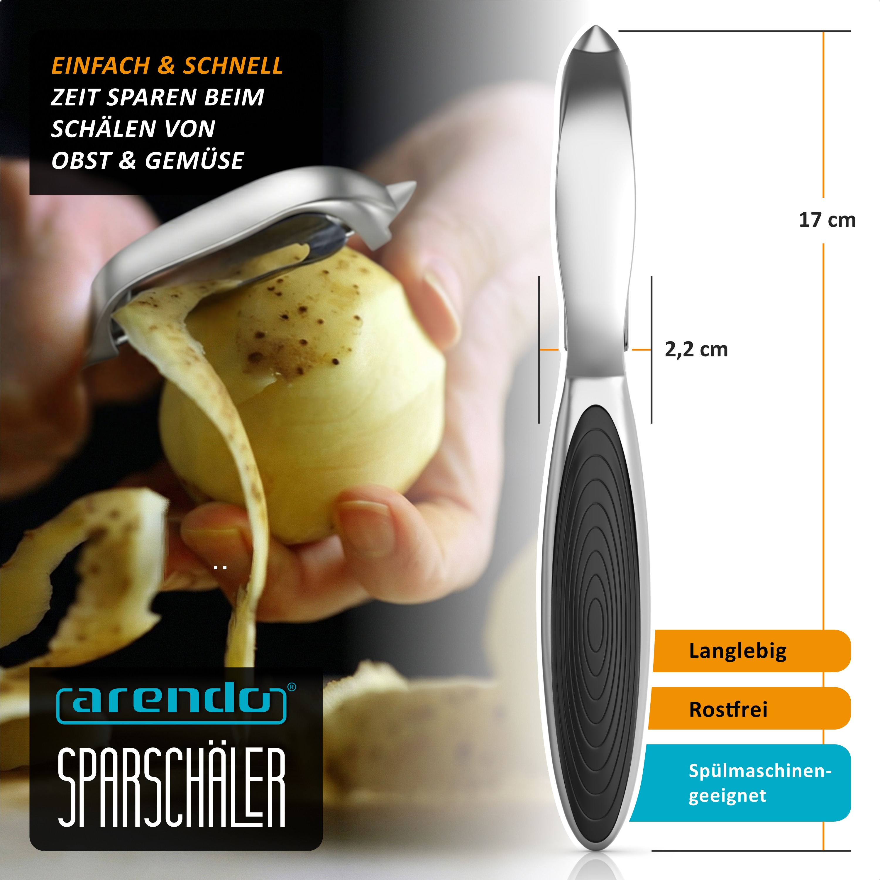 Arendo Sparsch&auml;ler mit Edelstahl-Pendelklinge und Ausstecher, rutschfester Griff, f&uuml;r Links- und Rechtsh&auml;nder, 17 cm 