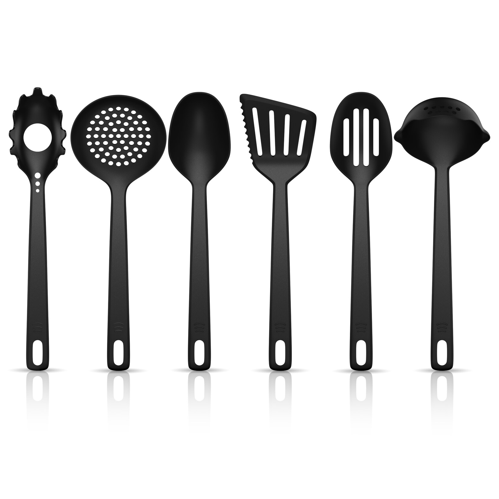 Küchenhelfer-Set aus PBT-Kunststoff, 6-teilig, Suppenkelle, Pfannenwender und öffel, ergonomische Griffe, Aufhängeösen