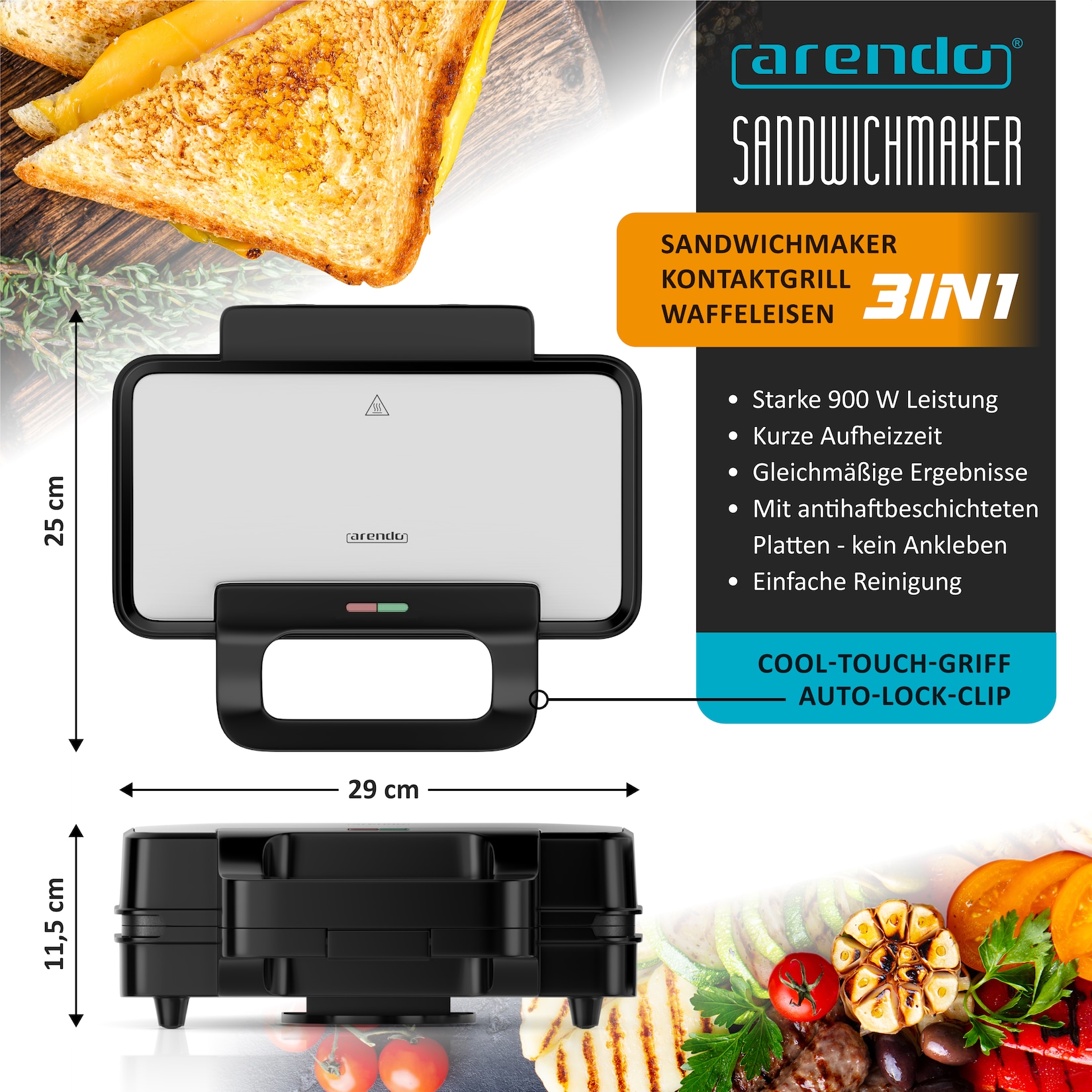 Arendo 3-in-1-Sandwichmaker Multifunktions-Snackmaker für Sandwich, Waffel & Panini, Kontaktgrill, 900 W, Edelstahl-Applikation, …