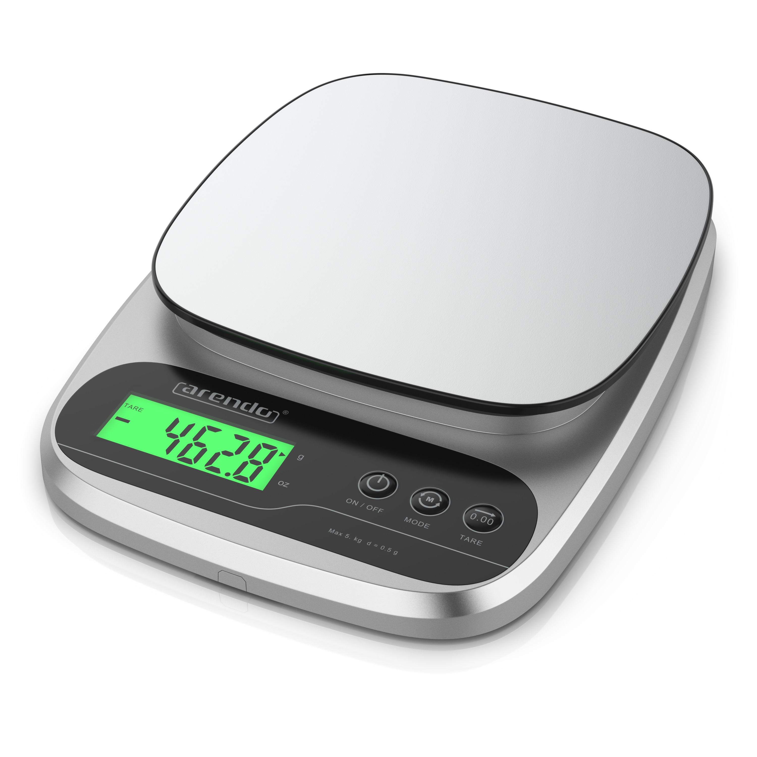 Arendo K&uuml;chenwaage Digital, Edelstahl, bis 5000 g, 1g Aufl&ouml;sung, Digitalwaage, Tara, Hold, (1-tlg), &Uuml;berlastanzeige, automatische Abschaltung 