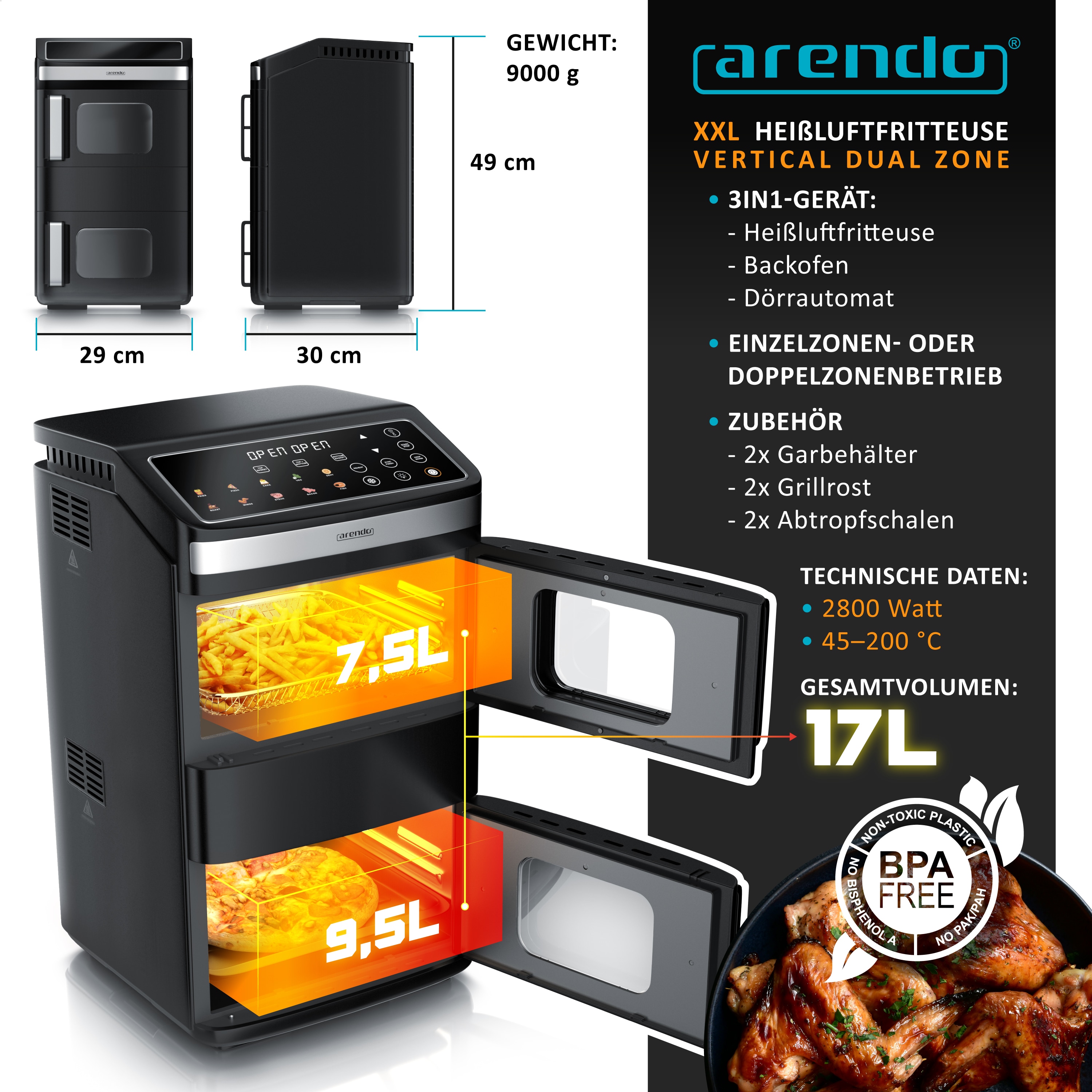Arendo Hei&szlig;luftfritteuse Doppelstock Dual Zone Airfryer & digitaler Mini-Backofen, 2800 W, mit Zubeh&ouml;r, Umluft Backofen, Sichtfenster 
