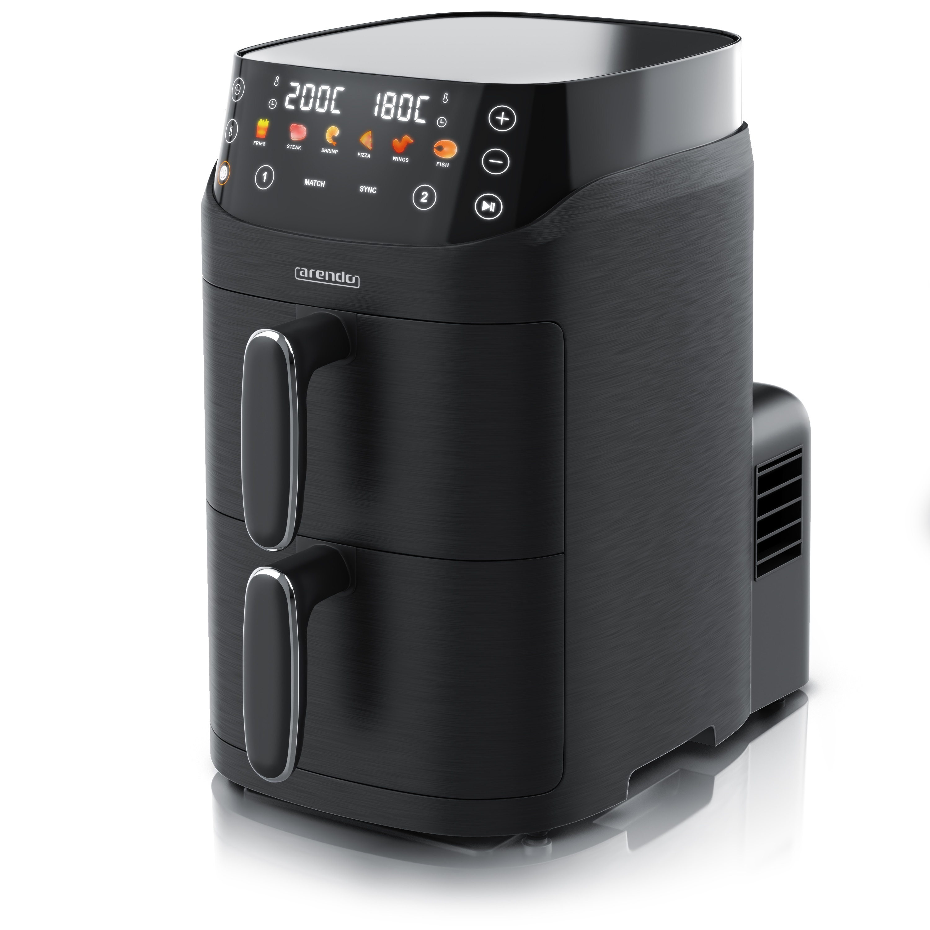 Arendo Doppelkammer-Hei&szlig;luftfritteuse 5 l, 2 Kammern &uuml;bereinander mit je 2,5 l, 2000 W, SYNC und MATCH, 6 Programme, Touchdisplay 