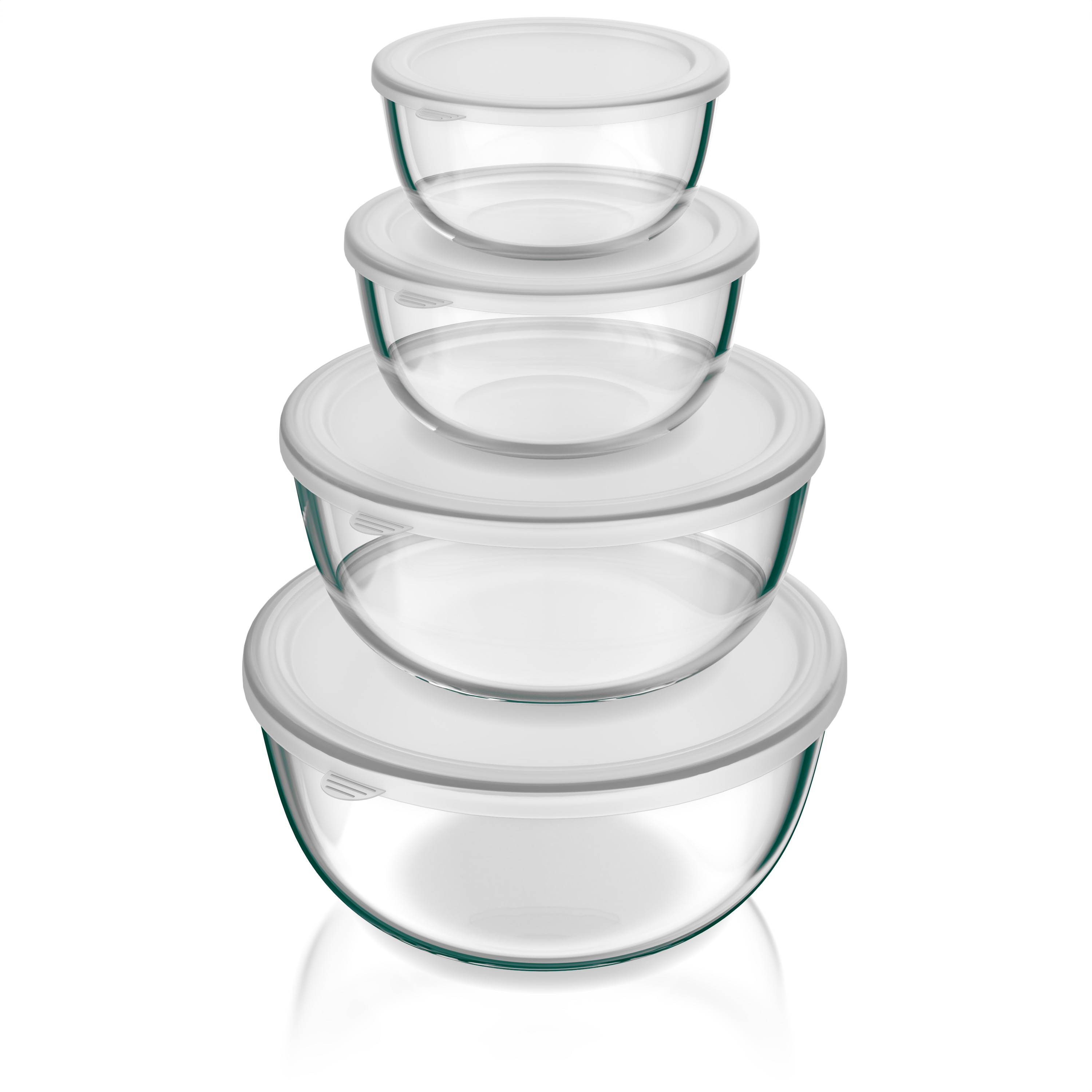 Arendo Glassch&uuml;ssel-Set mit Deckeln, 4-teilig, 0,7/1,1/2,7/4,4 l, Borosilikatglas, stapelbare Salat- und R&uuml;hrsch&uuml;sseln 