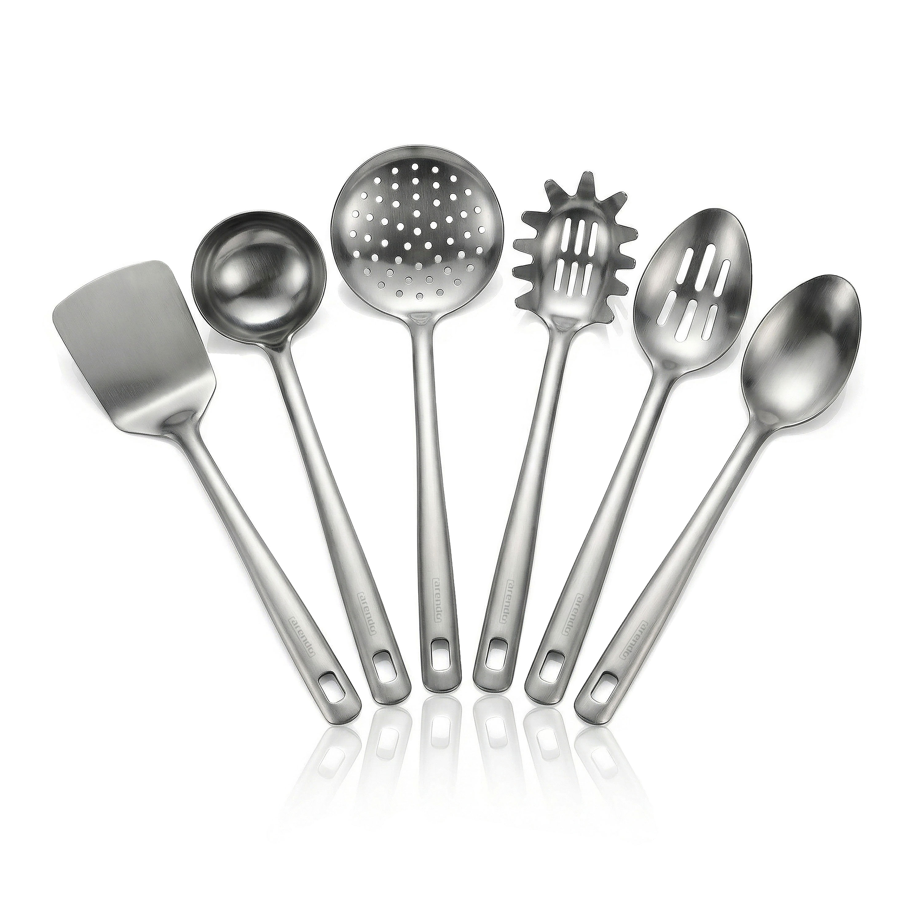 Arendo K&uuml;chenhelfer-Set aus Edelstahl, 6-teilig, Wender, Kelle und 4 L&ouml;ffel, Aufh&auml;nge&ouml;sen, hitzebest&auml;ndig, sp&uuml;lmaschinengeeignet 