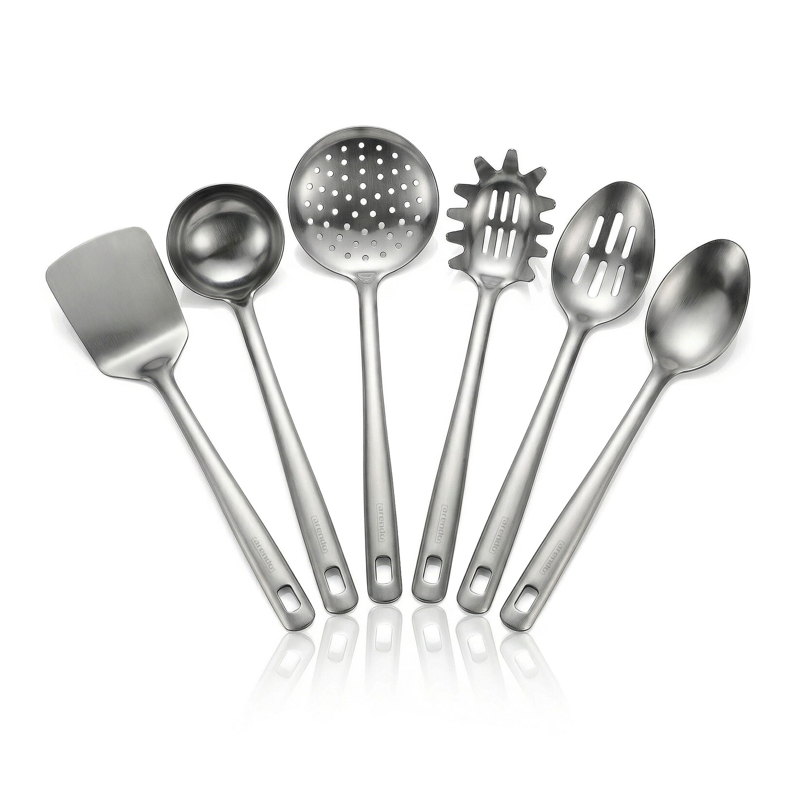 Küchenhelfer-Set aus Edelstahl, 6-teilig, Wender, Kelle und öffel, Aufhängeösen, hitzebeständig, spülmaschinengeeignet