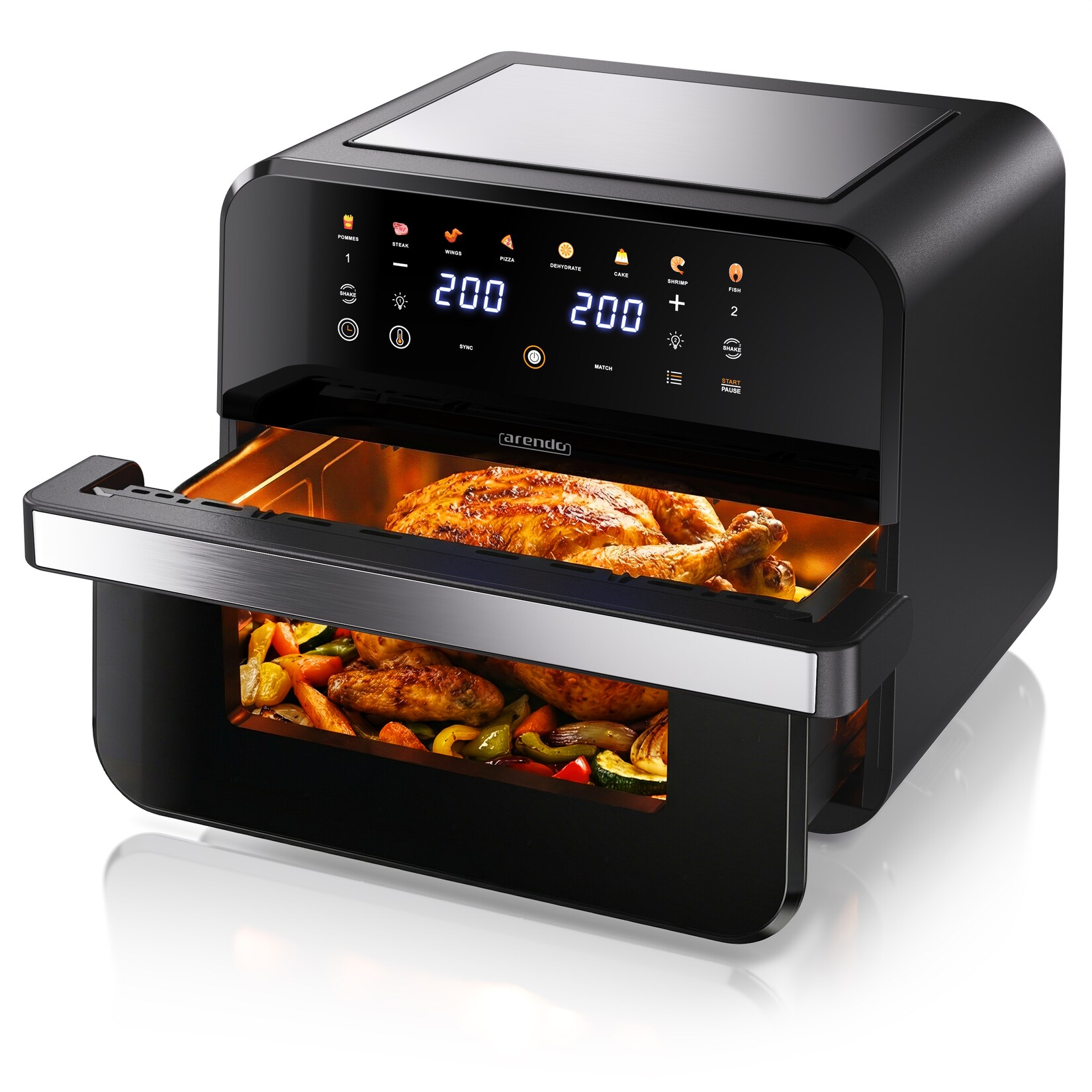 Arendo Heißluftfritteuse mit 2 Kammern Nebeneinander, XXL Doppelkammer Airfryer 12L, Dual Zone, 2600 W, mit Zubehör, Umluft Backofen, …