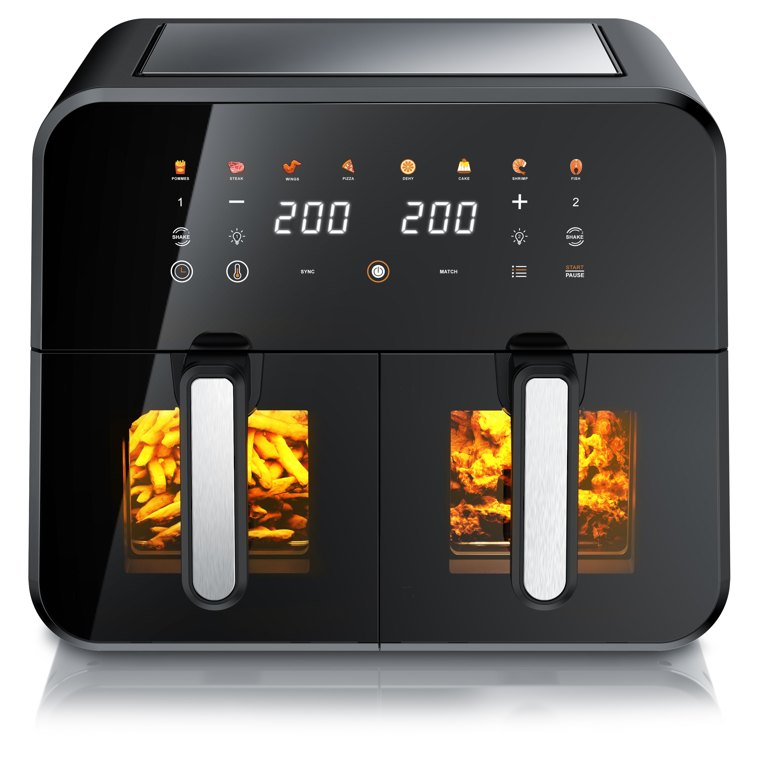 Arendo Hei&szlig;luftfritteuse mit 2 Kammern Nebeneinander, XXL Doppelkammer Airfryer 11L, Dual Zone, 2600 W, mit Zubeh&ouml;r, Umluft Backofen, 80-200&deg;C 