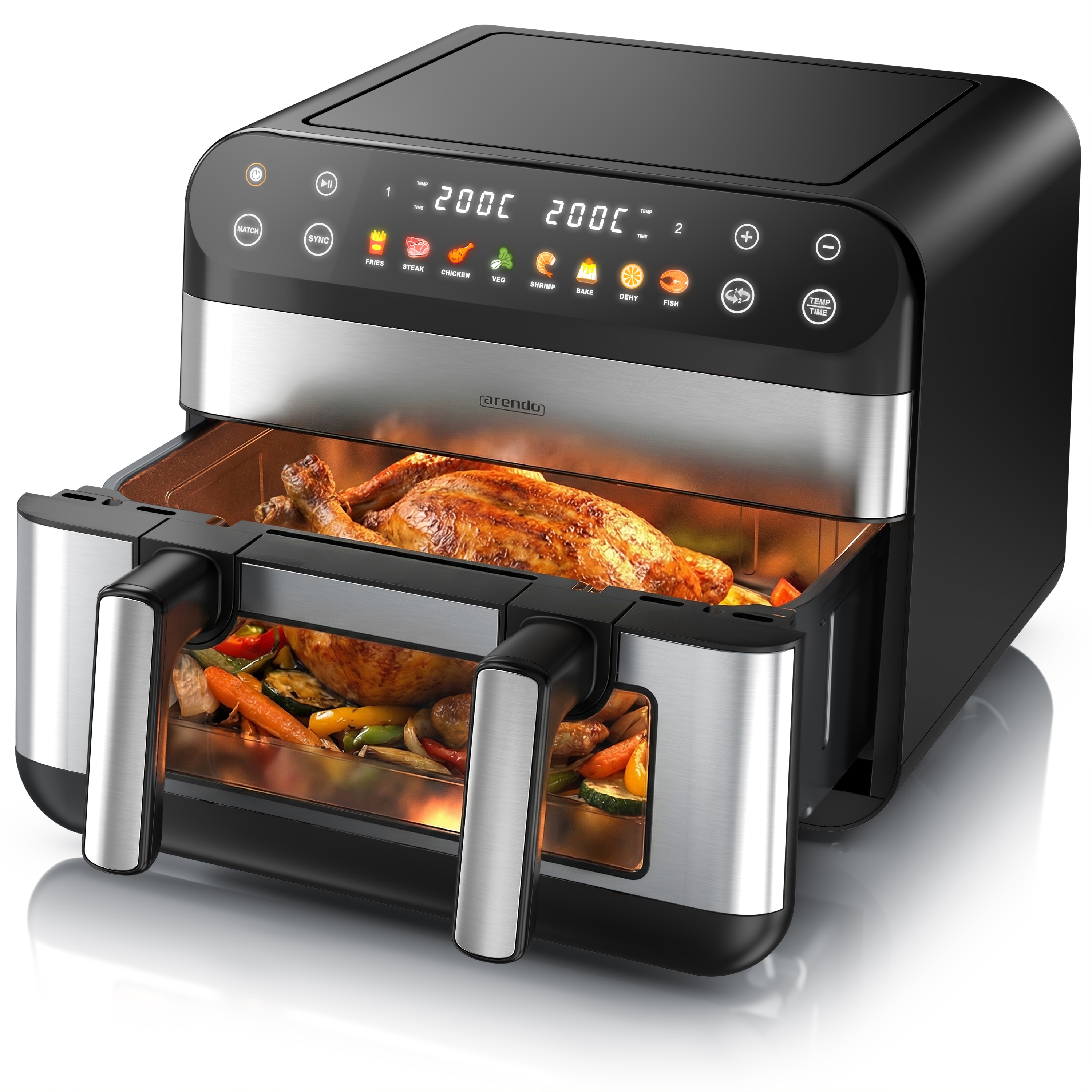 Arendo Hei&szlig;luftfritteuse Airfryer XXL mit beleuchtetem Sichtfenster, Pre Heat & Turn-Food, 2400 W, mit Zubeh&ouml;r, Umluft Backofen, Sichtfenster Grill 