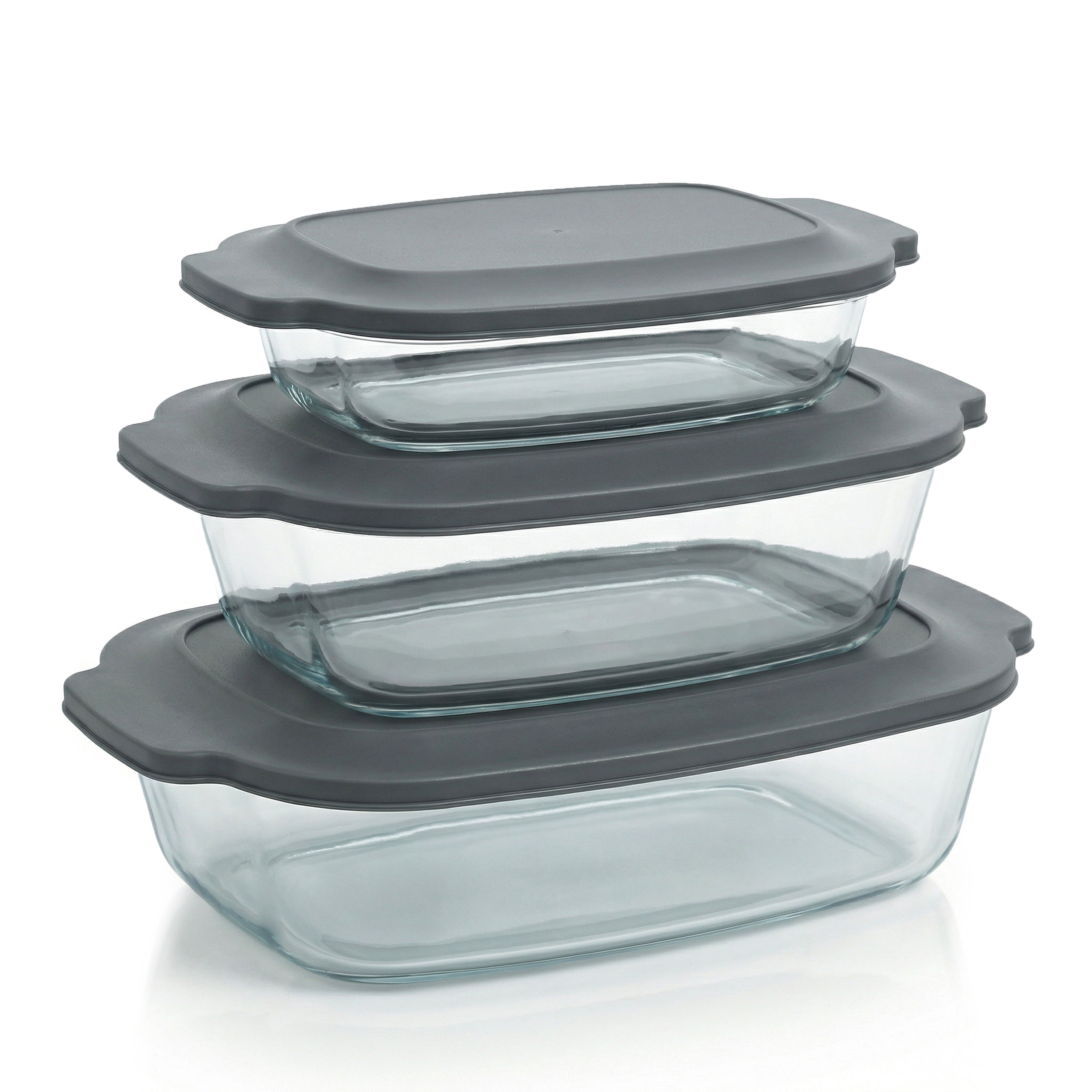 Arendo Auflaufformen aus Borosilikatglas, 3er-Set mit 2 l, 2,7 l und 3,8 l, inklusive Kunststoffdeckeln, rechteckig und stapelbar 