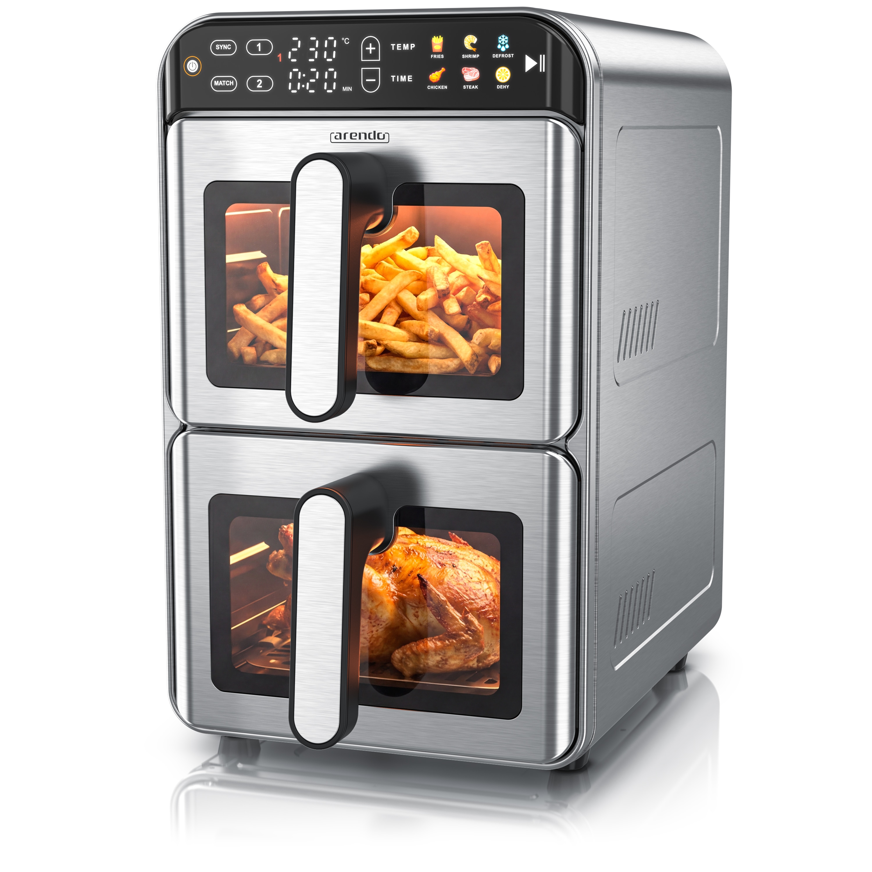 Arendo Hei&szlig;luftfritteuse XXL Doppelkammer mit 2 Kammern &uuml;bereinander, Airfryer 11L, Dual Zone, 2200 W, Umluft Backofen mit Zubeh&ouml;r, Edelstahl 