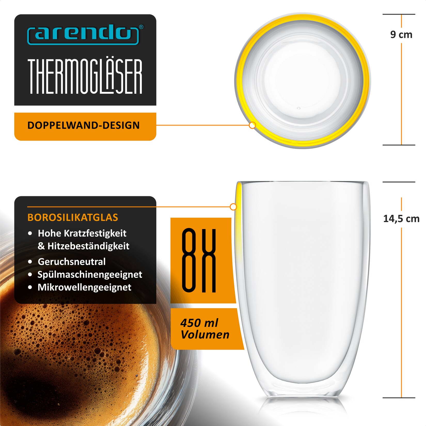 Arendo Thermogläser 8er-Set, je 450 ml, doppelwandiges Borosilikatglas, ohne Henkel, für Kaffee und Tee, spülmaschinen- und …