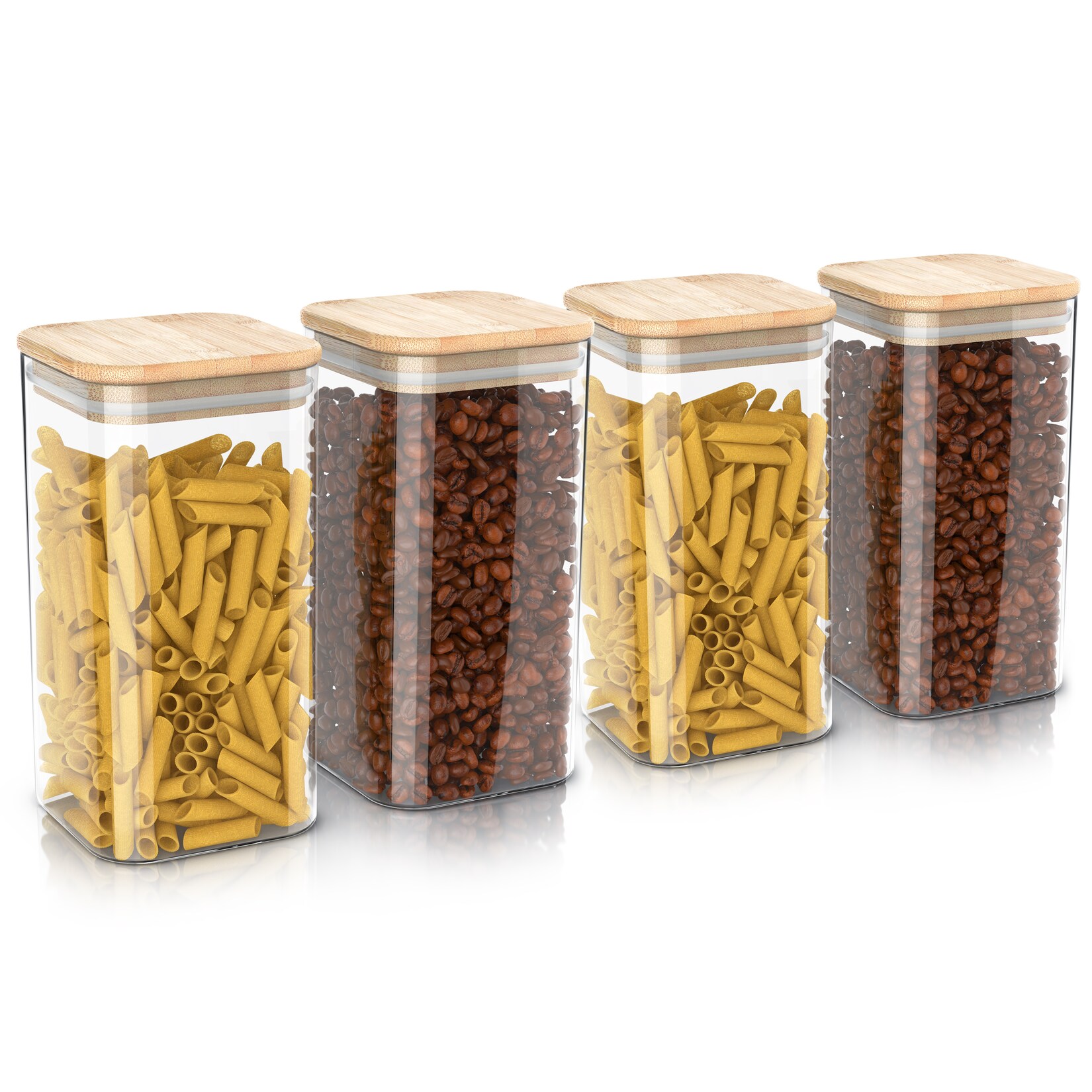 Arendo Vorratsgläser 4er-Set, je 1,65 l, quadratisch, Borosilikatglas mit Bambusdeckel und Silikondichtung, luftdicht