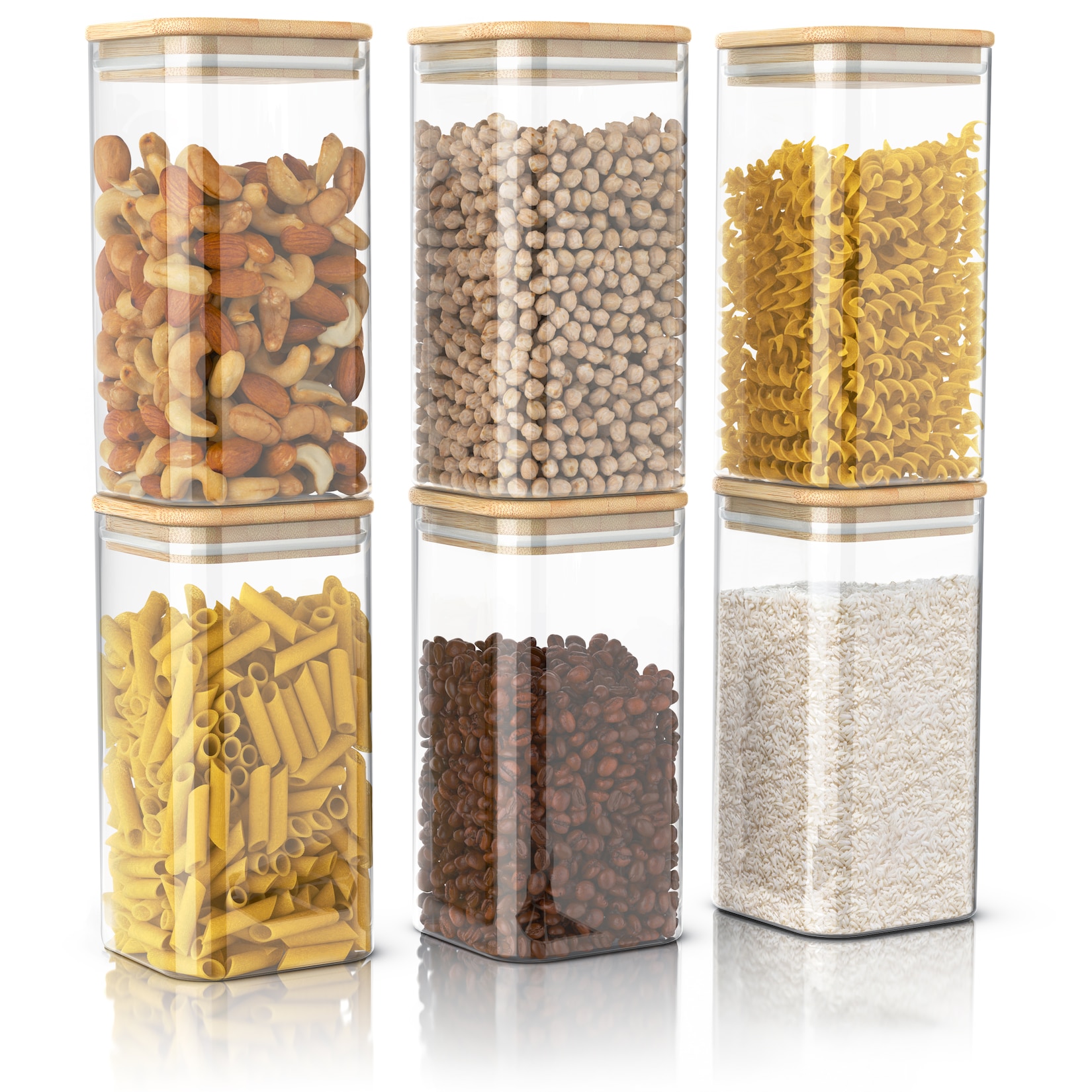 Arendo Vorratsgläser 6er-Set, je 1,65 l, quadratisch, Borosilikatglas mit Bambusdeckel und Silikondichtung, luftdicht