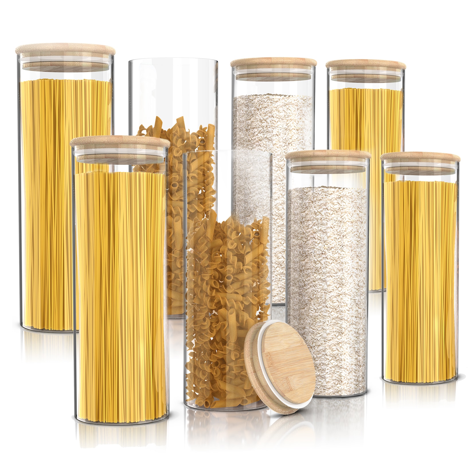 Arendo Vorratsgläser 8er-Set, je 2,2 l, rund, Borosilikatglas mit Bambusdeckel und Silikondichtung, luftdicht