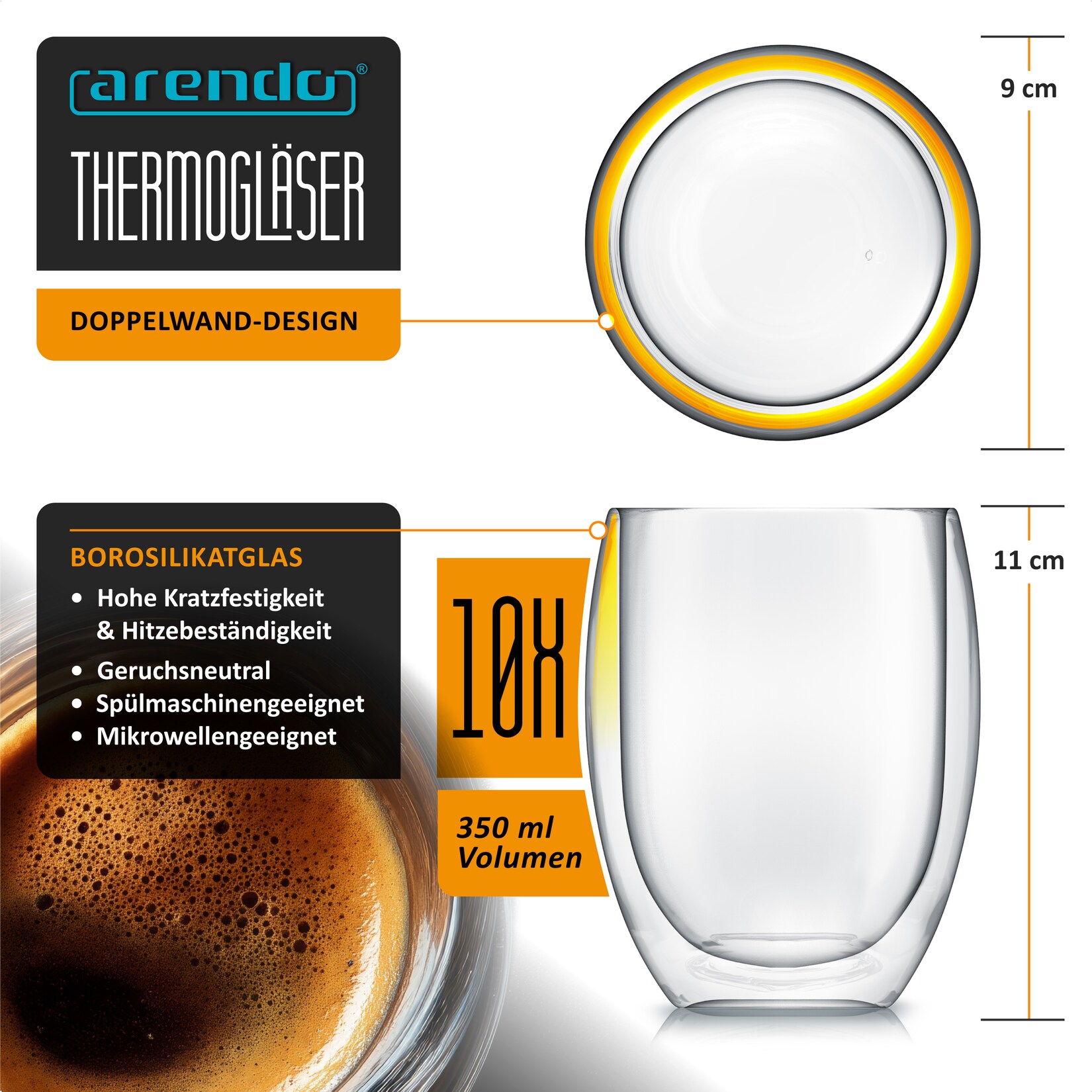 Arendo Thermogläser 10er-Set, je 350 ml, doppelwandiges Borosilikatglas, ohne Henkel, für Kaffee und Tee, spülmaschinen- und …
