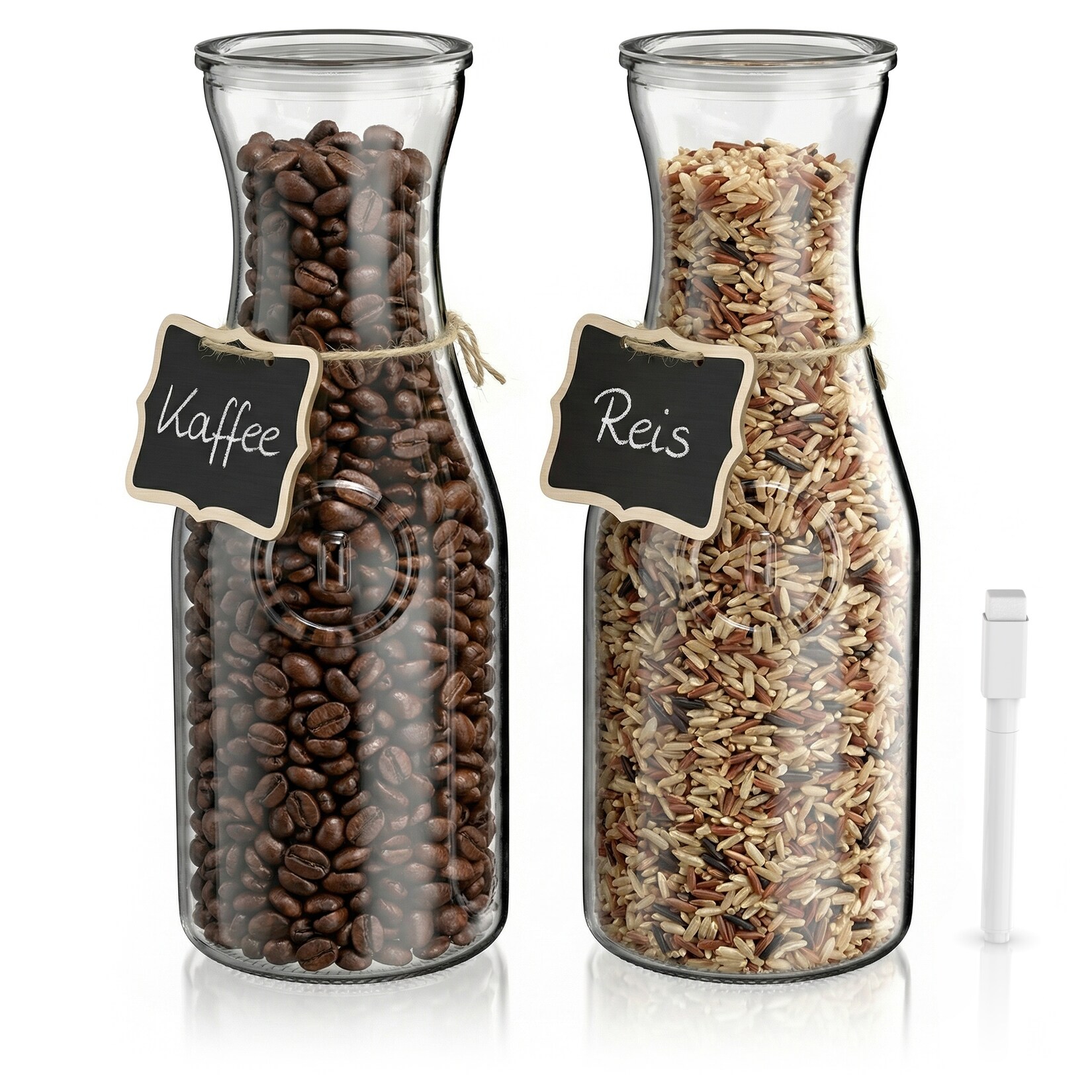 Arendo Glaskaraffe 2er Set, 1000 ml, mit Deckel und Silikondichtung, Wasserkaraffe, Glaskrug, inkl. 2 Holztafel-Etiketten, spülmaschinengeeignet