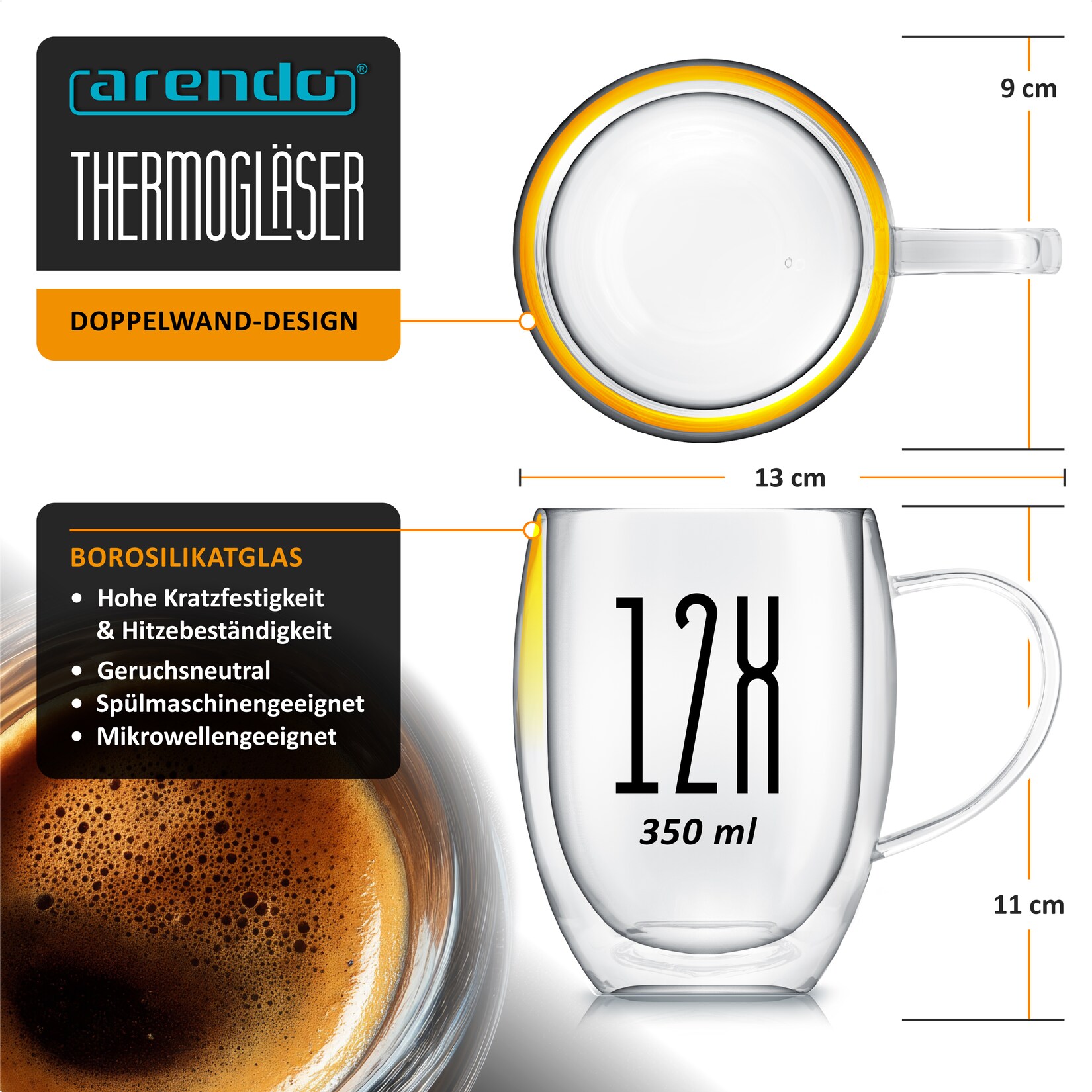 Arendo Thermogläser 12er-Set, je 350 ml, doppelwandiges Borosilikatglas, mit Henkel, für Kaffee und Tee, spülmaschinen- und …