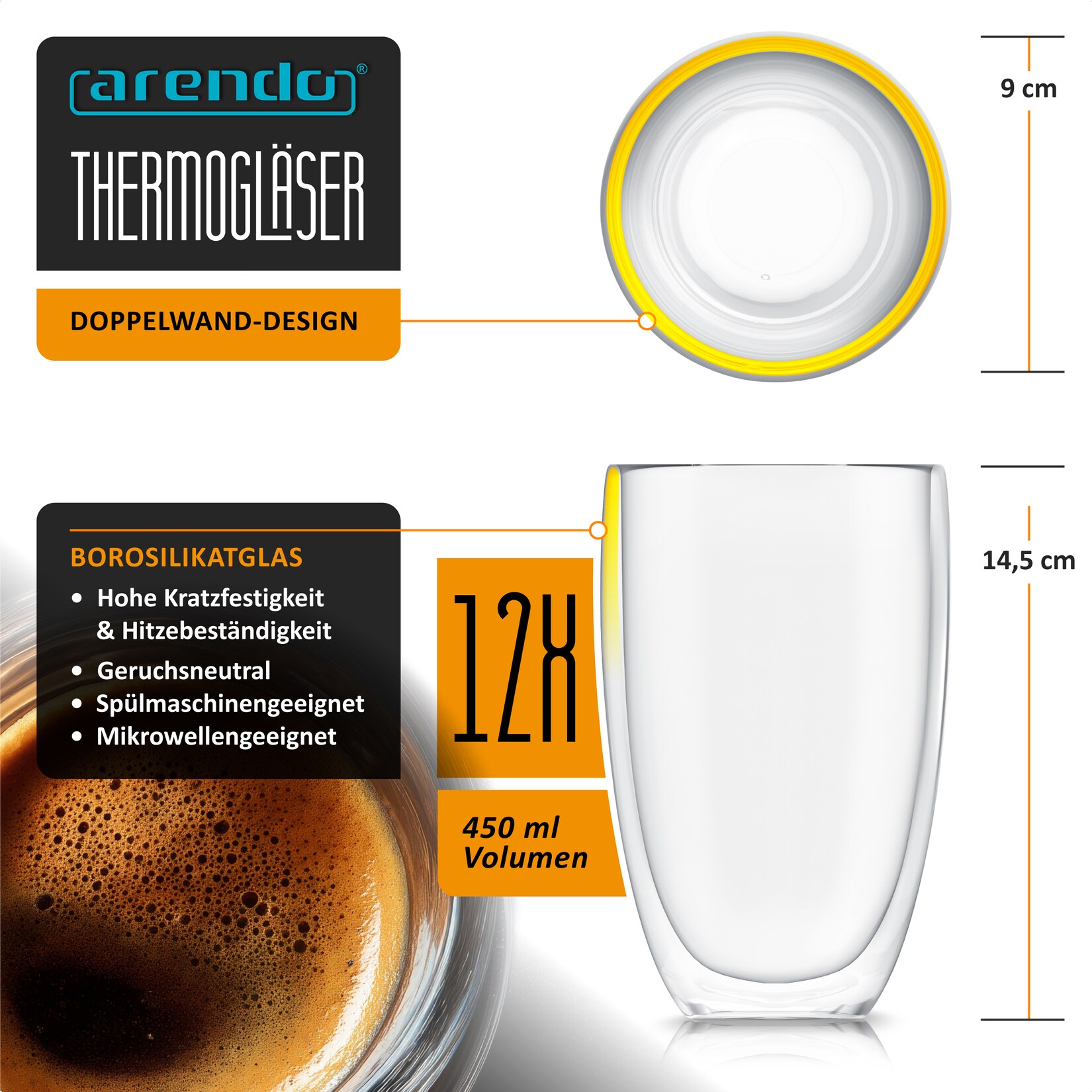 Arendo Thermogläser 12er-Set, je 450 ml, doppelwandiges Borosilikatglas, ohne Henkel, für Kaffee und Tee, spülmaschinen- und …