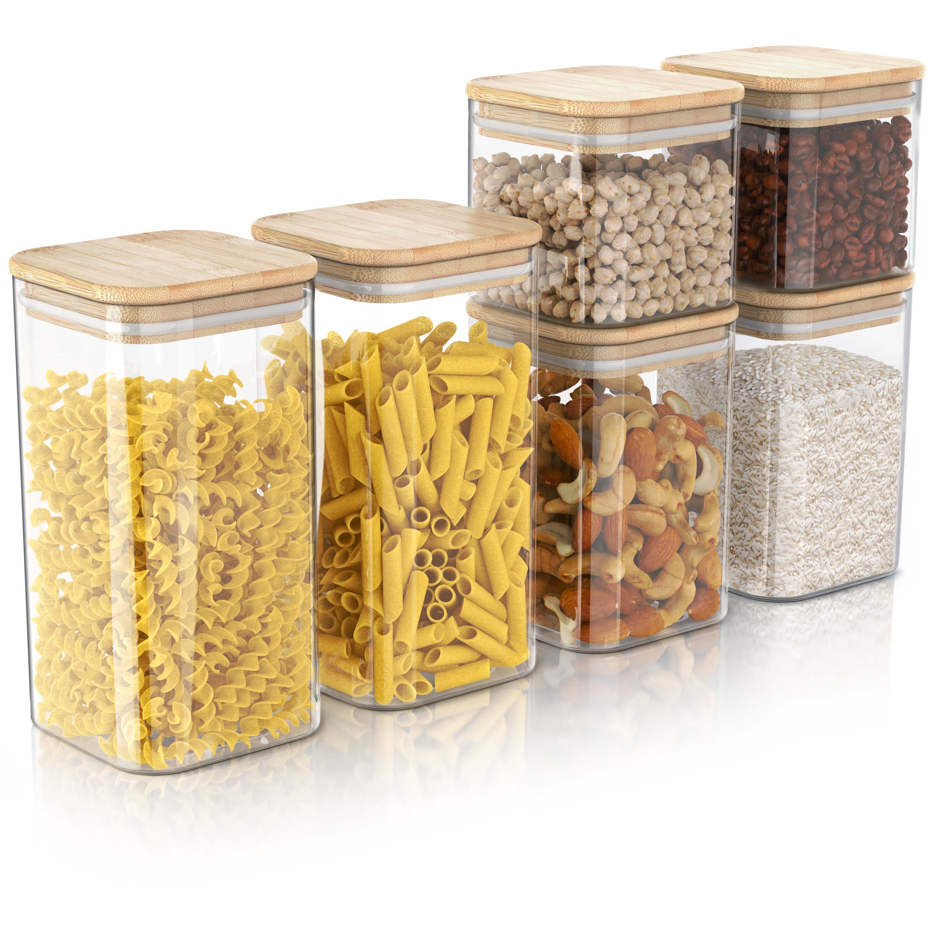 Arendo Aufbewahrungsbecher, Glasbeh&auml;lter 2x 2L, 2x 1,5L & 2x 1L Borosilikat Bambusdeckel luftdicht 