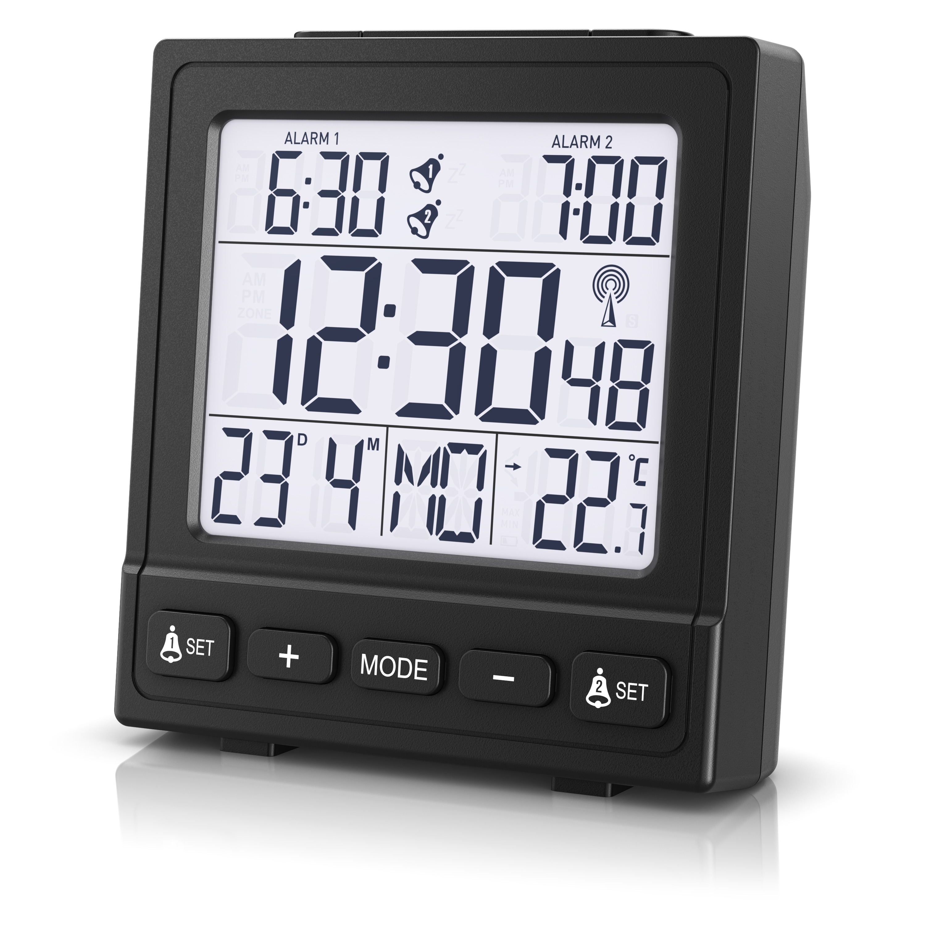 BEARWARE, Reisewecker Digital, LCD-Display, Batteriebetrieb & DCF Uhr, schwarz 