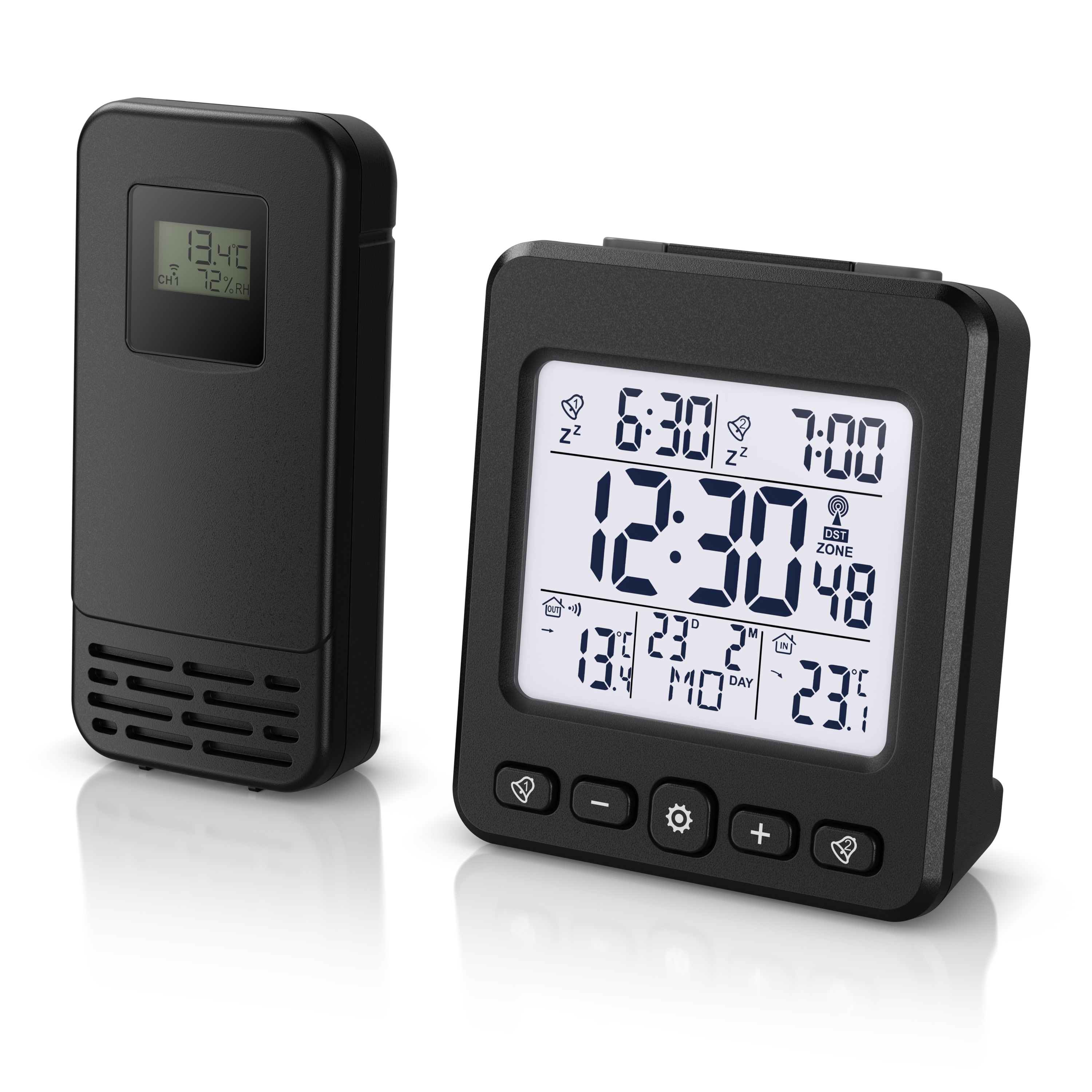 BEARWARE, Funkwecker mit Temperaturanzeige, Au&szlig;ensensor, 2 Alarme, Datum, schwarz 