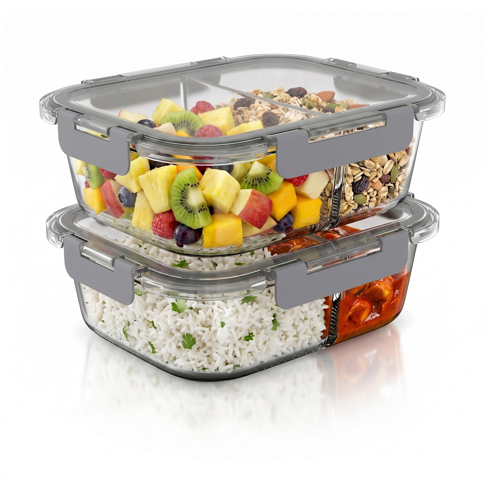 Frischhaltedose, 2 Fächer, Deckel, 2er Set Glas Vorratsdosen, Lunchboxen, auslaufsicher, transparent
