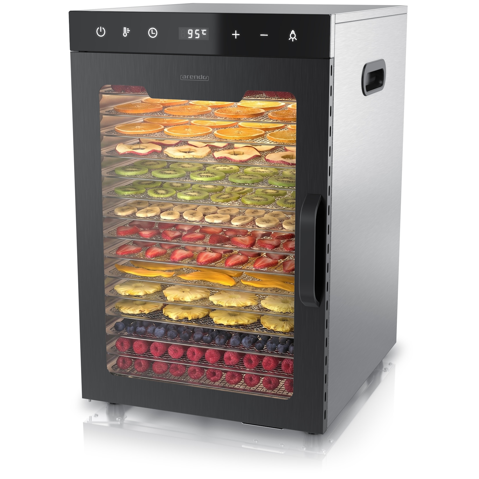 Arendo Dörrautomat, Edelstahl, 16 Fächer, Temperaturregler 30°-90°C, Dörrgerät, Dehydrator, schwarz/silber
