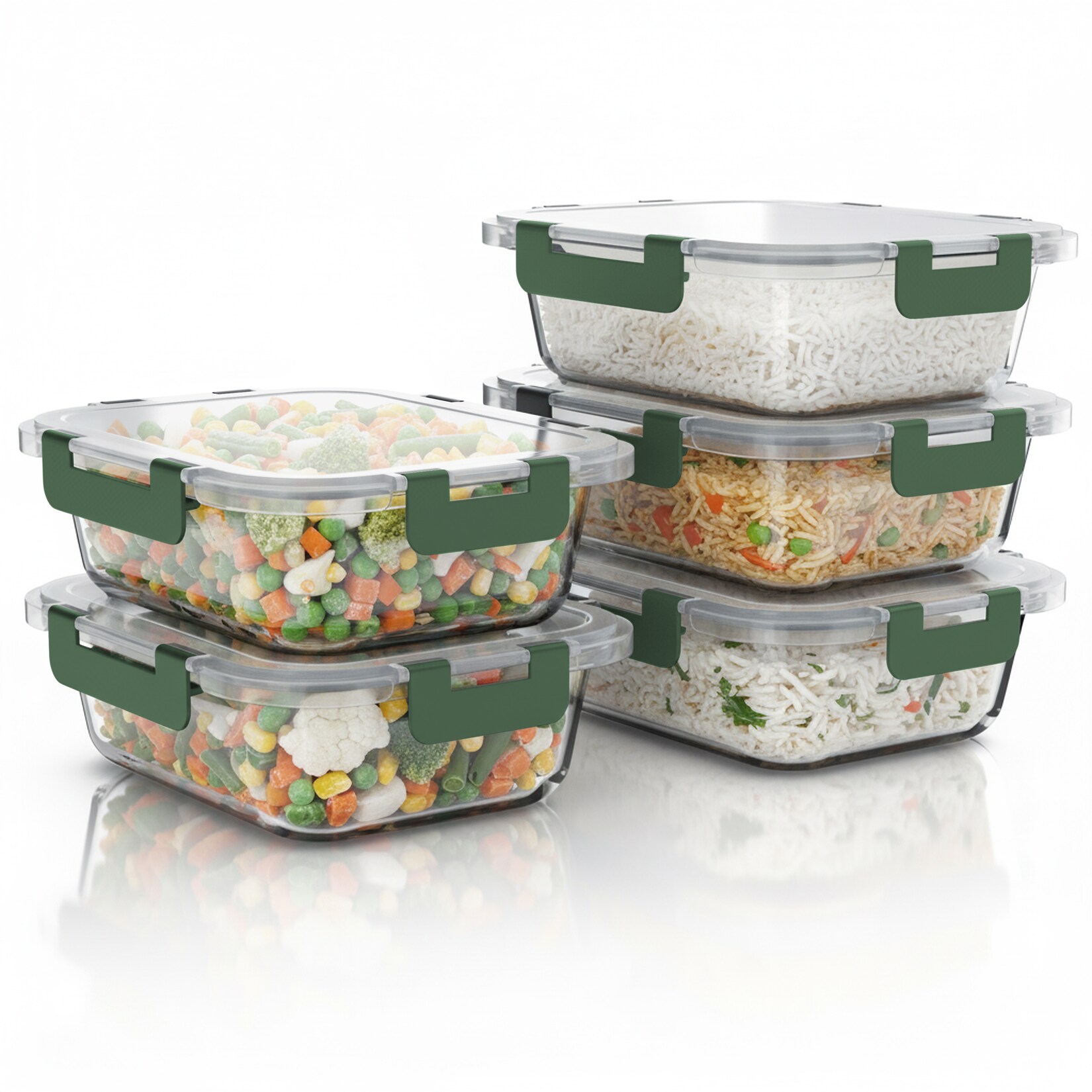 Arendo Frischhaltedose, mit Deckel 5er Set, Glas-Lunchboxen, Vorratsdosen, auslaufsicher, transparent/grün