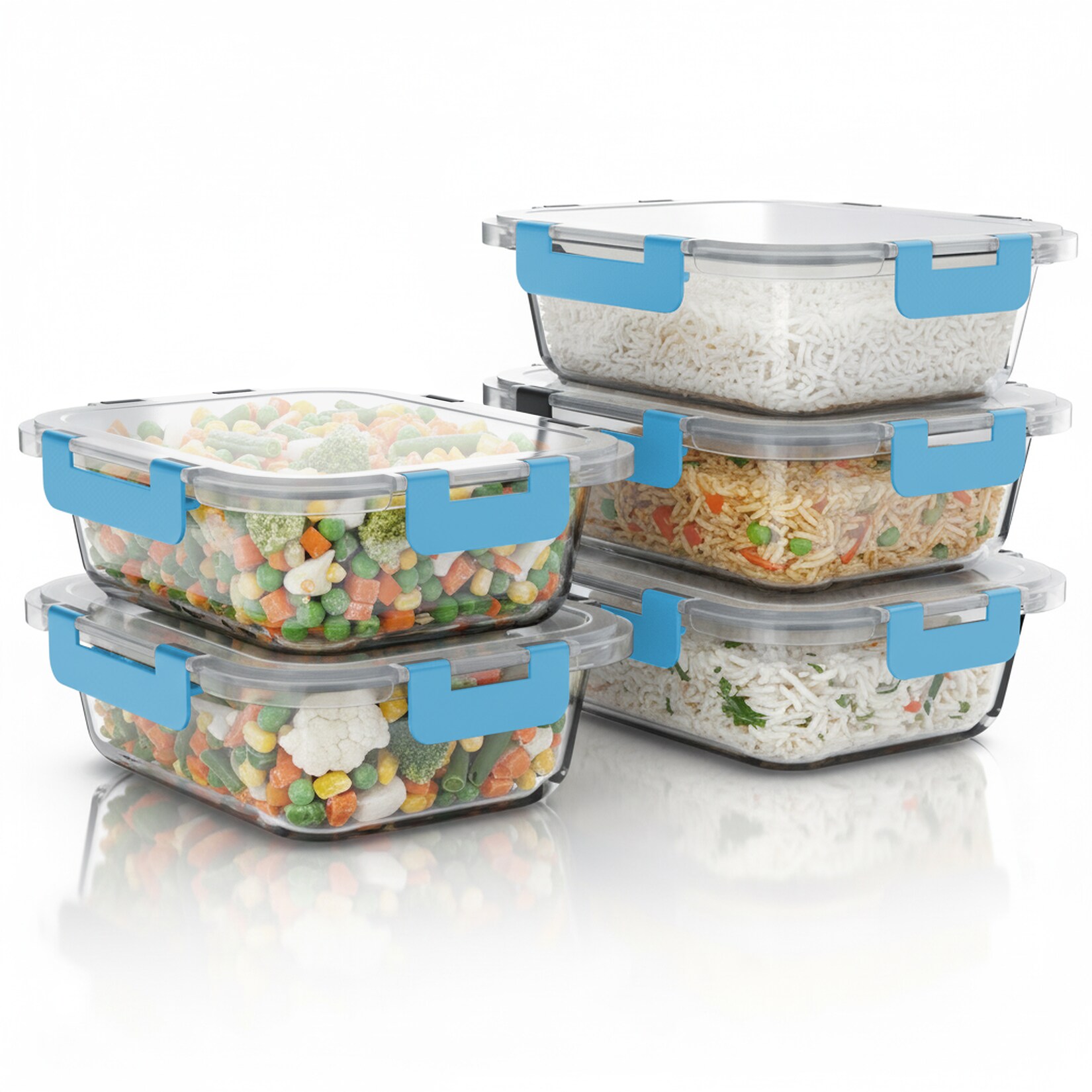 Arendo Frischhaltedose, mit Deckel 5er Set, Vorratsdosen, Glas-Lunchboxen, auslaufsicher, transparent/blau